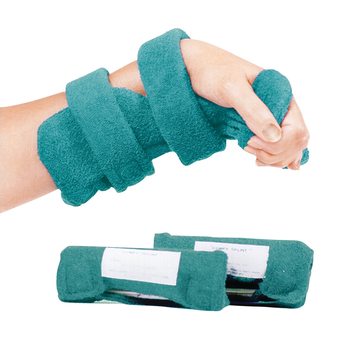 A hand wearing the Comfy Splints Pediatric Finger Extender Hand Orthosis, a teal wrap-around support with a cushioned design.