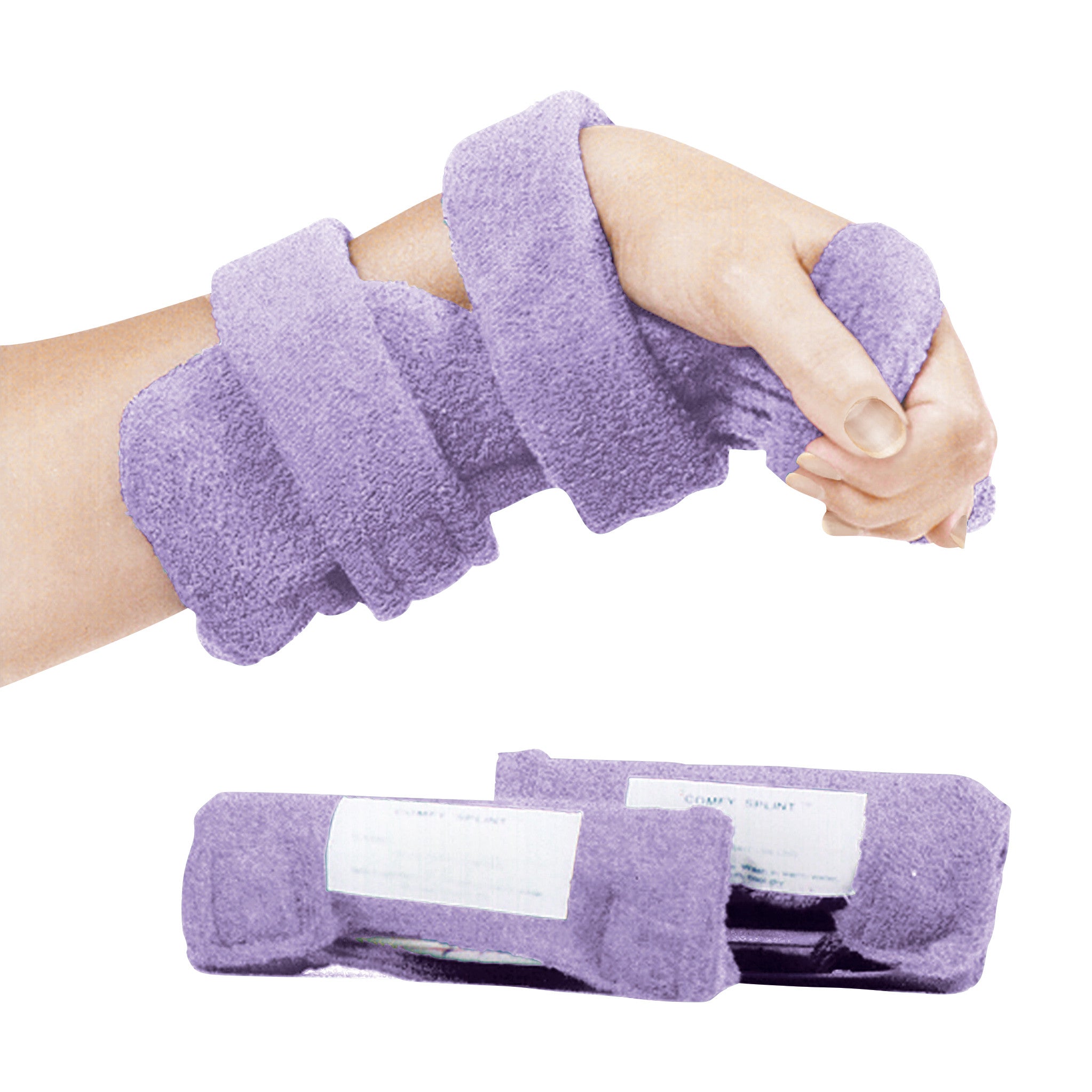 A person wears the Comfy Splints Pediatric Finger Extender Hand Orthosis in lavender, supporting the wrist and fingers.