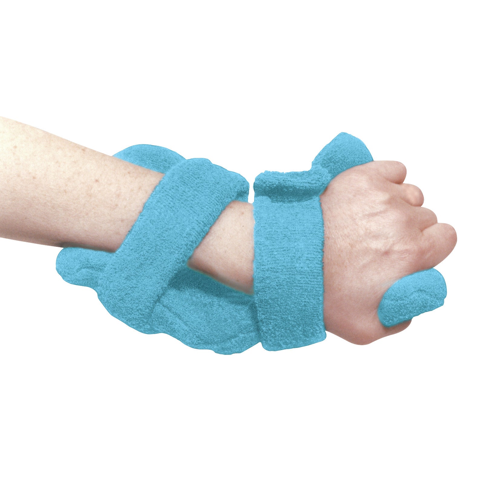 A hand wearing the Comfy Splints Pediatric Deviation Hand/Wrist Orthosis, featuring a blue soft fabric and adjustable straps.