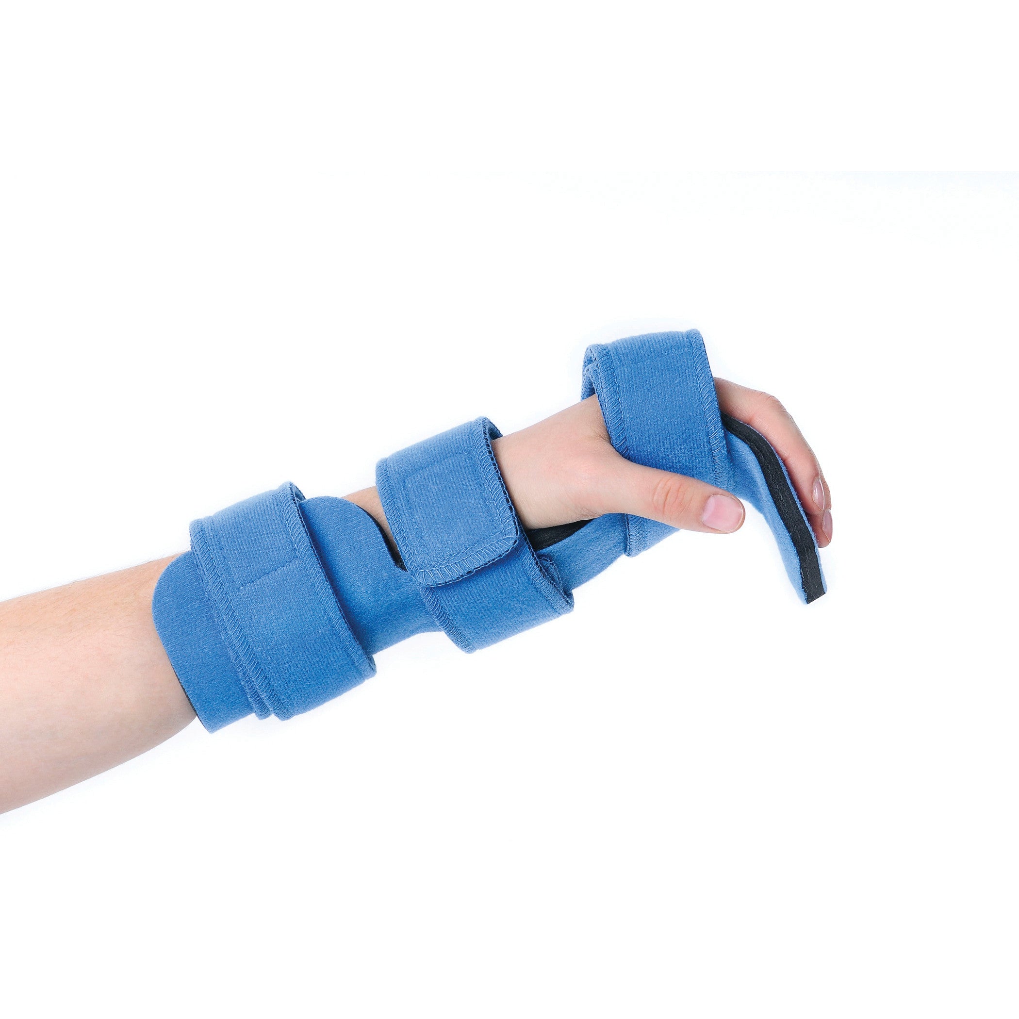 A hand wears the Comfy Splints Pediatric Deviation Hand/Wrist Orthosis, featuring a blue support with adjustable straps.
