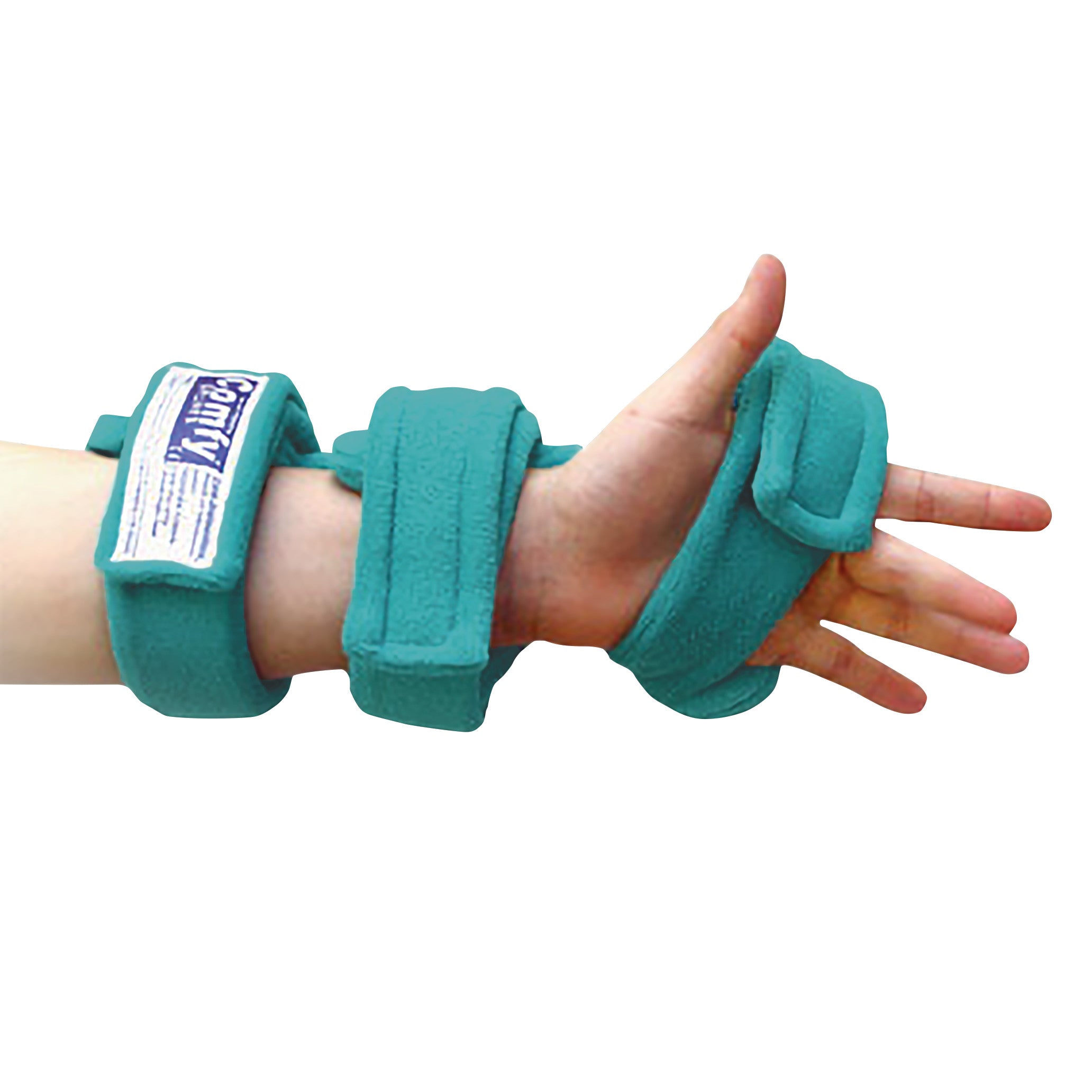 A hand wears the Comfy Splints Pediatric Dorsal Hand Orthosis, featuring green padded straps for wrist and hand support.