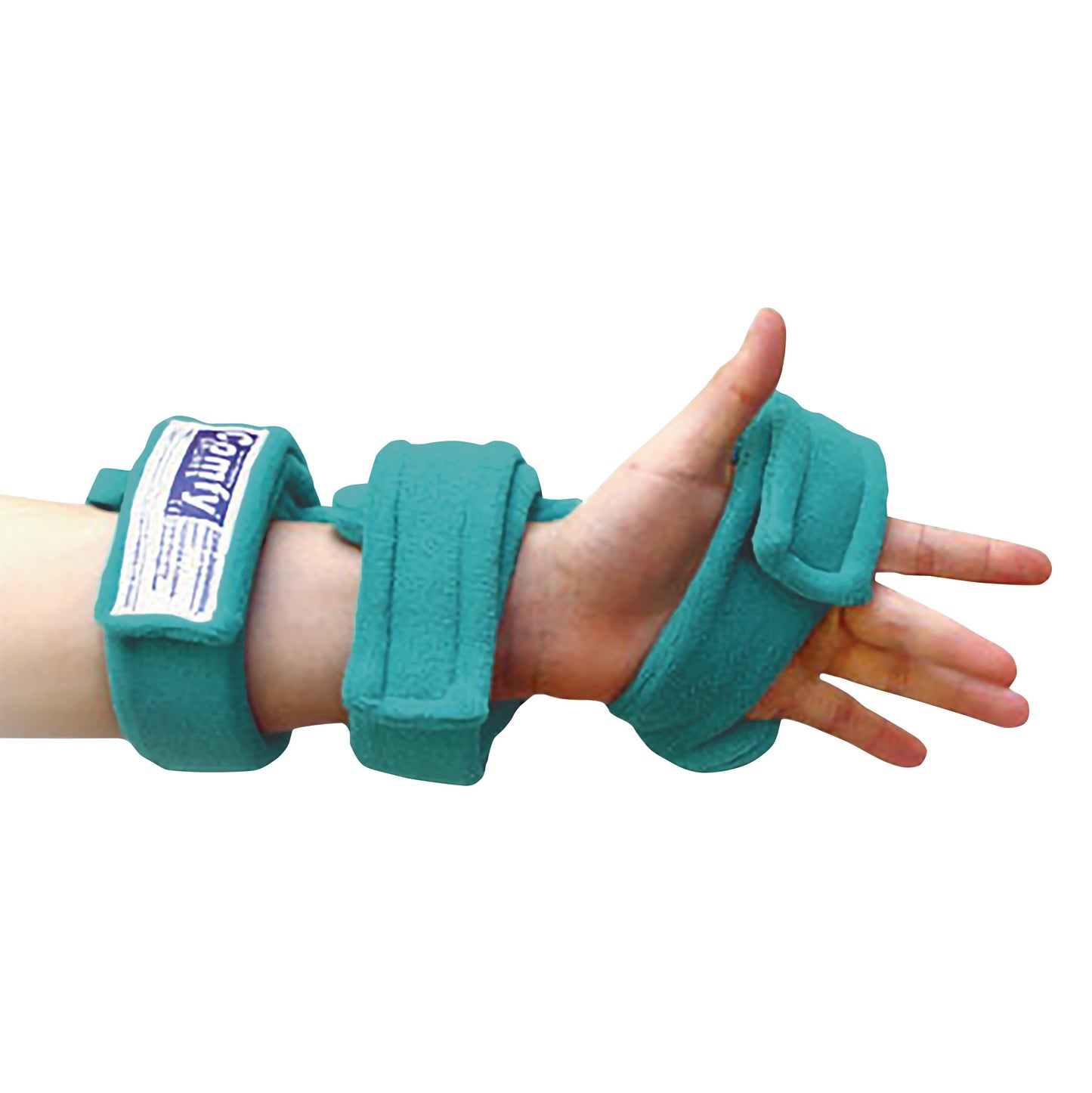 A hand wearing a Comfy Splints Pediatric Dorsal Hand Orthosis in teal fabric. The orthosis supports the wrist and fingers.