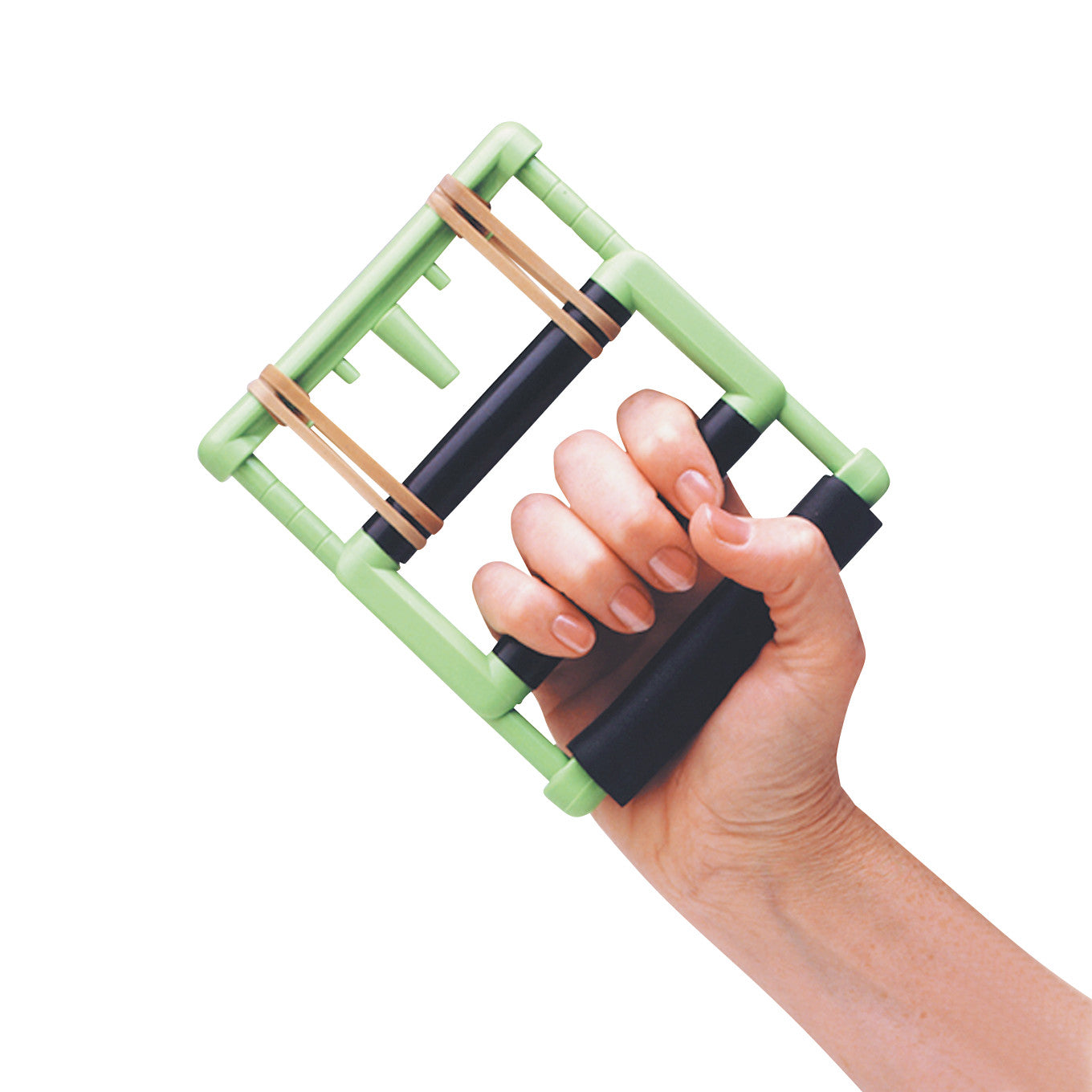 A hand grips the Hand Helper II Exerciser, featuring a green frame with black handles and elastic bands for resistance training.