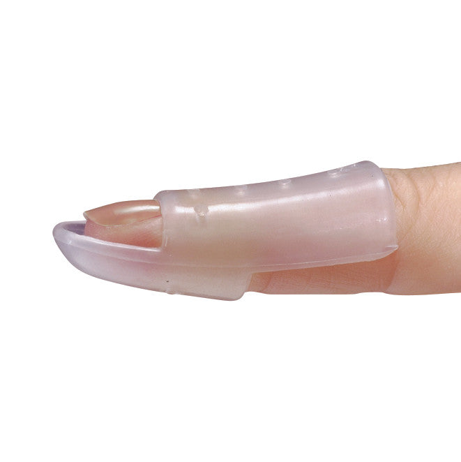 A finger wearing an AliMed Stax-Type Splint, a translucent plastic device that stabilizes and protects the fingertip.