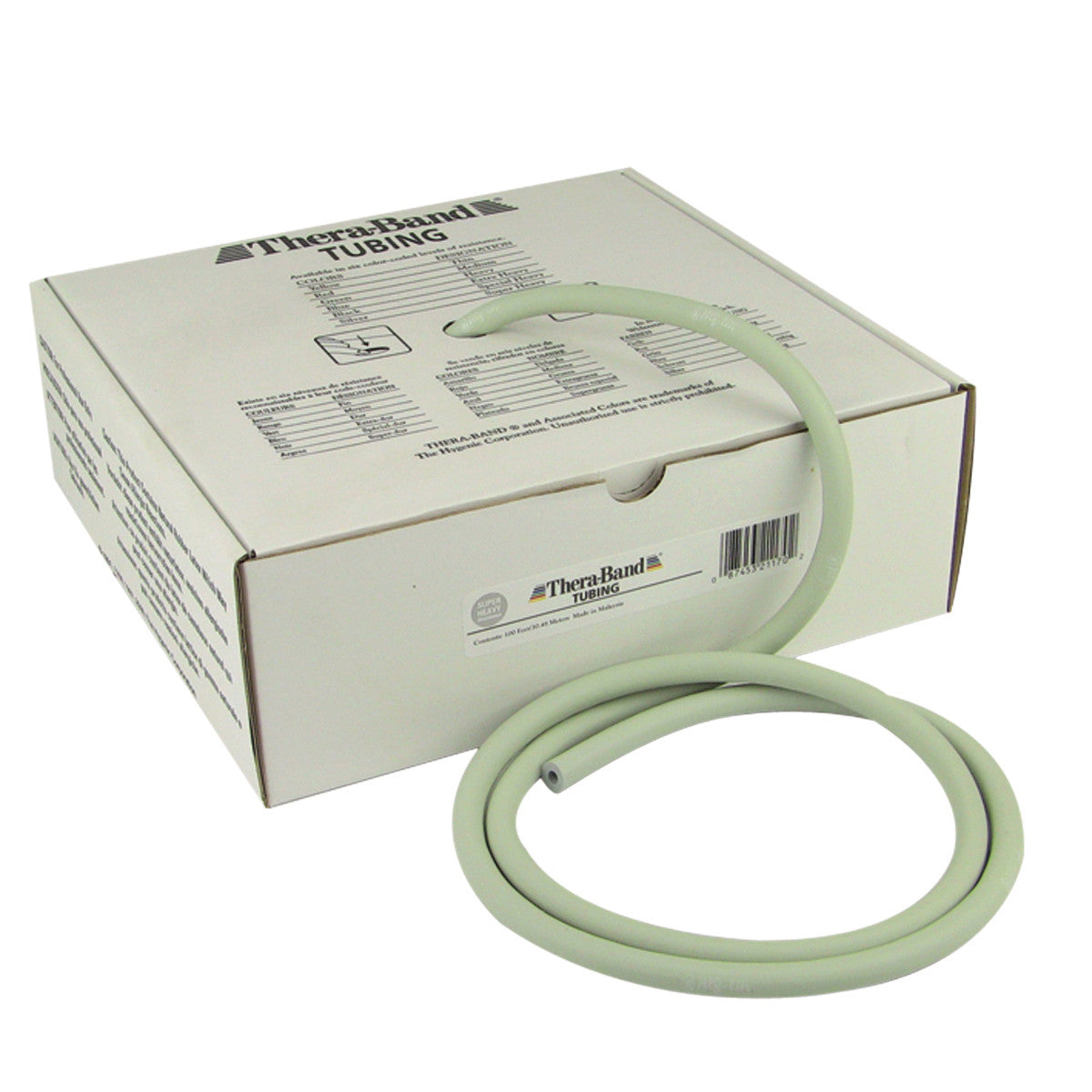 A box of THERABAND Latex Exercise Tubing with light green tubing partially coiled in front of it.