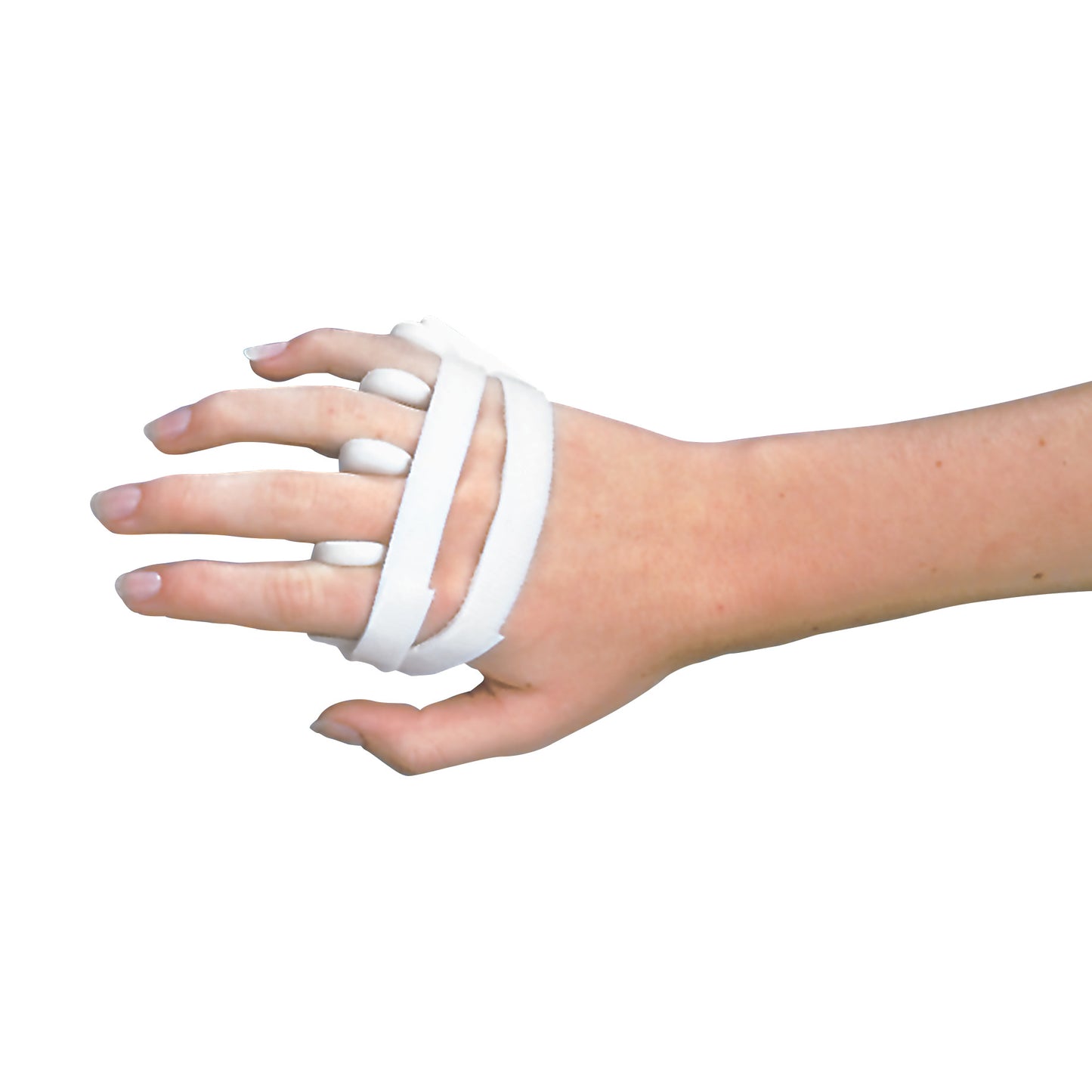 A hand wearing the DeRoyal LMB Soft-Core Wire-Foam Ulnar Deviation Splint, featuring foam straps supporting fingers and palm.