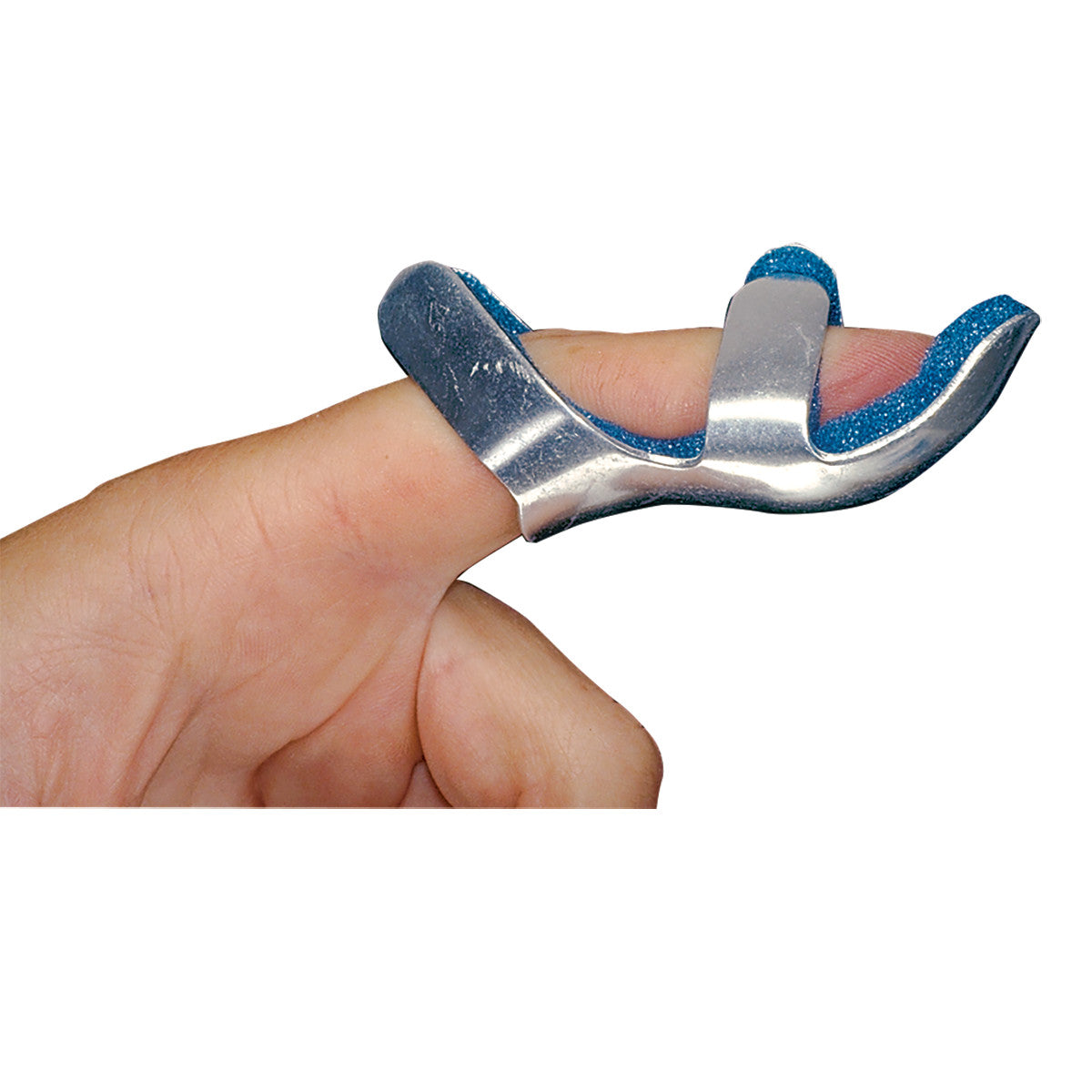 A "Frog Fracture Splint" is wrapped around a thumb, featuring a metal structure lined with blue cushioning.