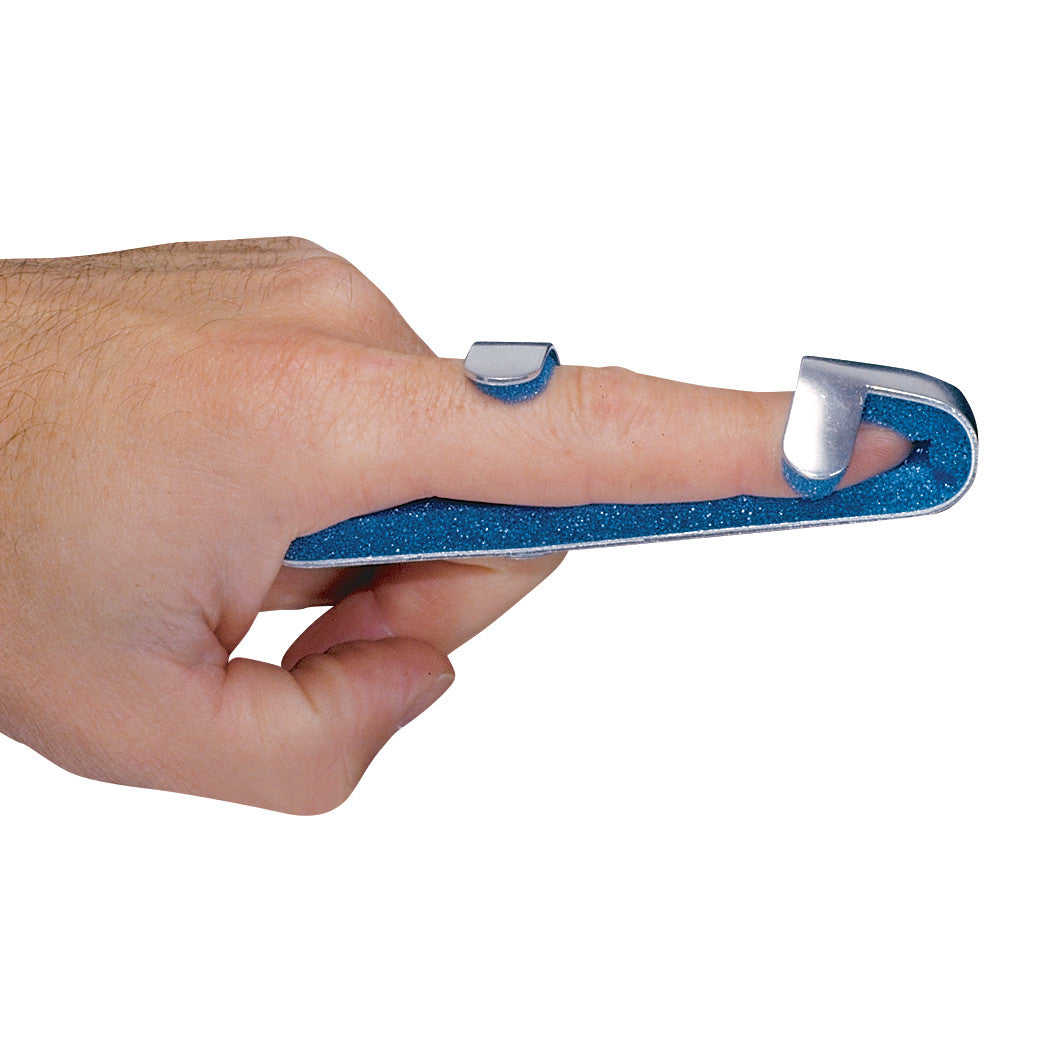 A hand wearing a Baseball Splint on the index finger. The splint is blue with metal ends, supporting the finger.