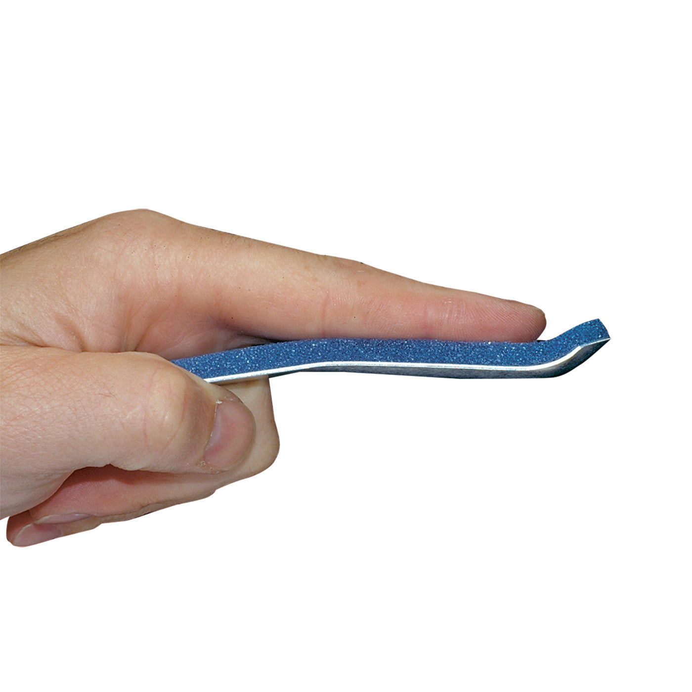 A hand holds a Curved Finger Splint, showcasing its flexible, blue design with a cushioned inner layer.