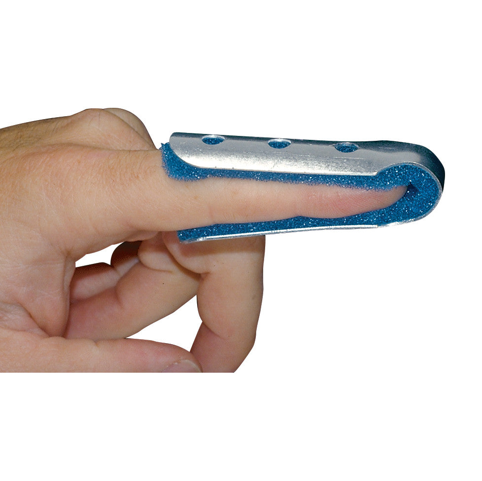 A hand wearing a Finger Cot Fracture Splint on the index finger. The splint has a metal exterior with blue padding inside.