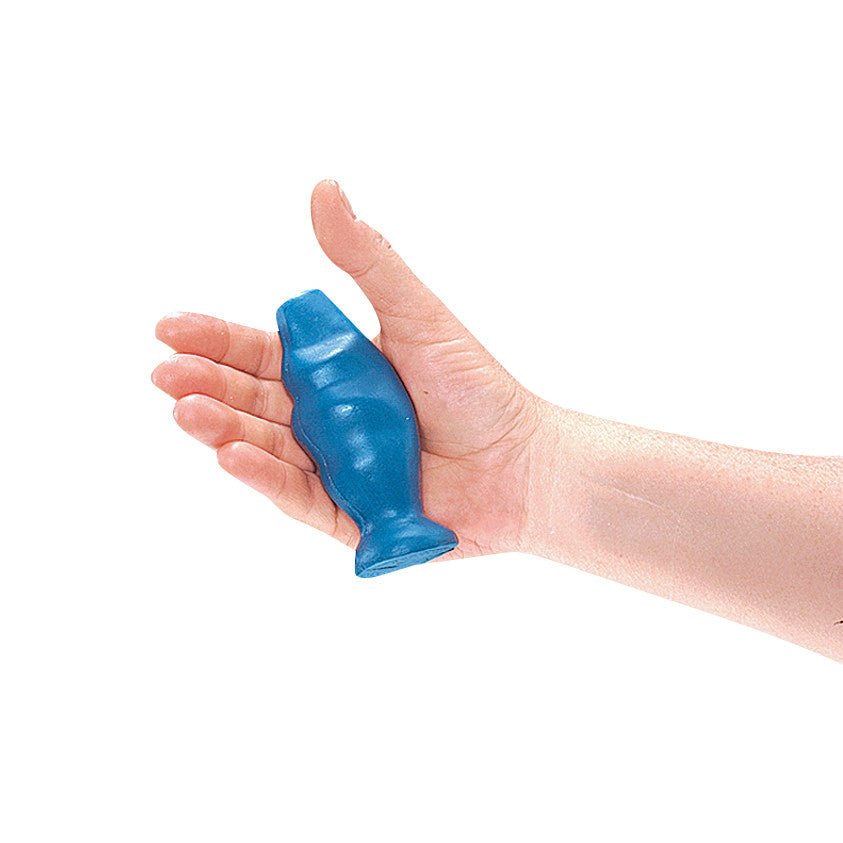 A hand grips the AliMed Swanson Grip-X Hand Exerciser, which is blue and shaped like a small, contoured dumbbell.