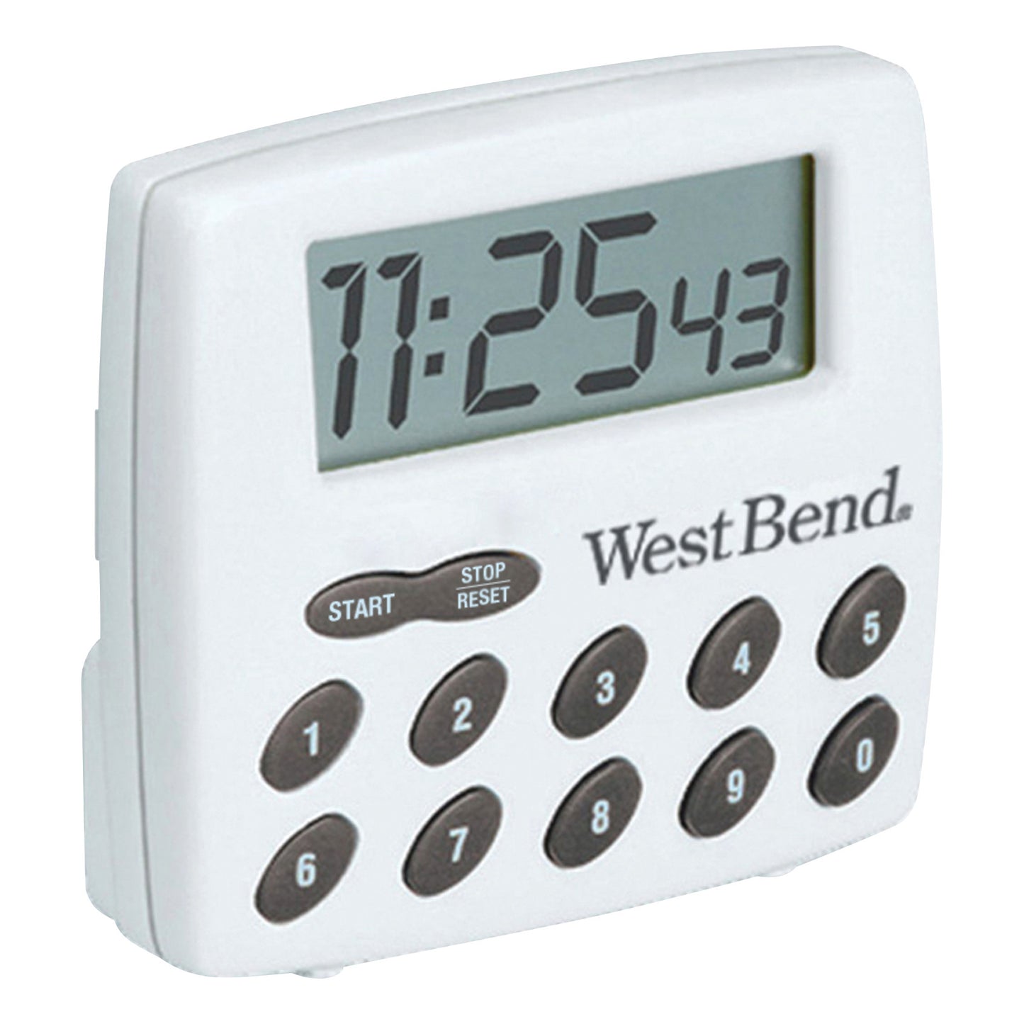 A digital West Bend Stopwatch/Timer features an LCD display showing 11:25:43 and a keypad with labeled buttons for operation.