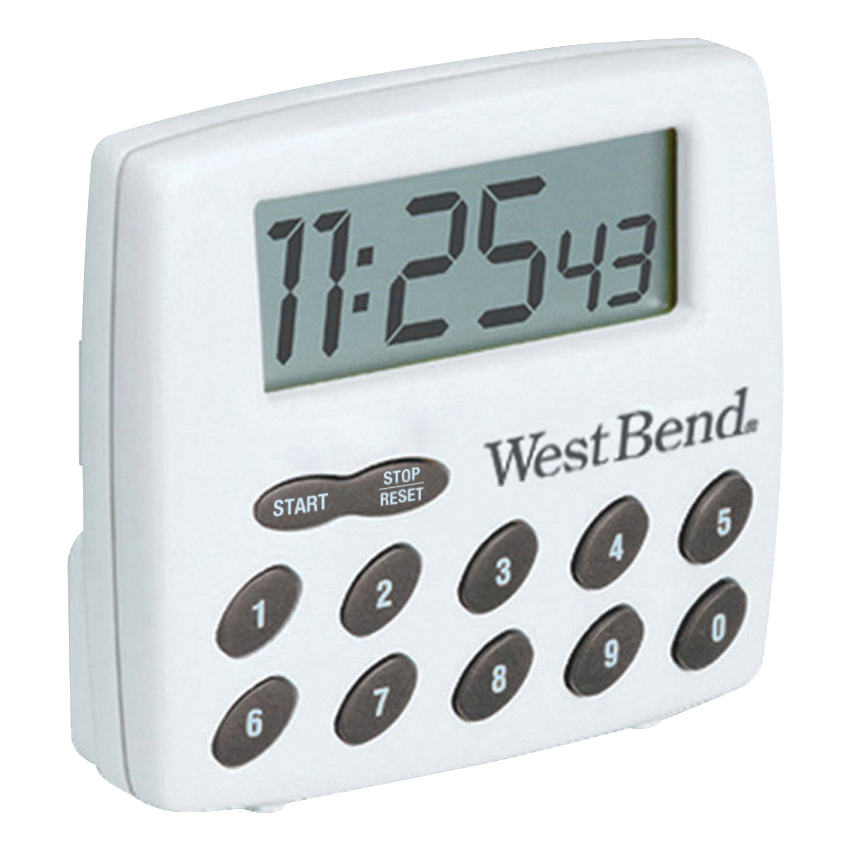 A digital West Bend Stopwatch/Timer features an LCD display showing 11:25:43 and a keypad with labeled buttons for operation.