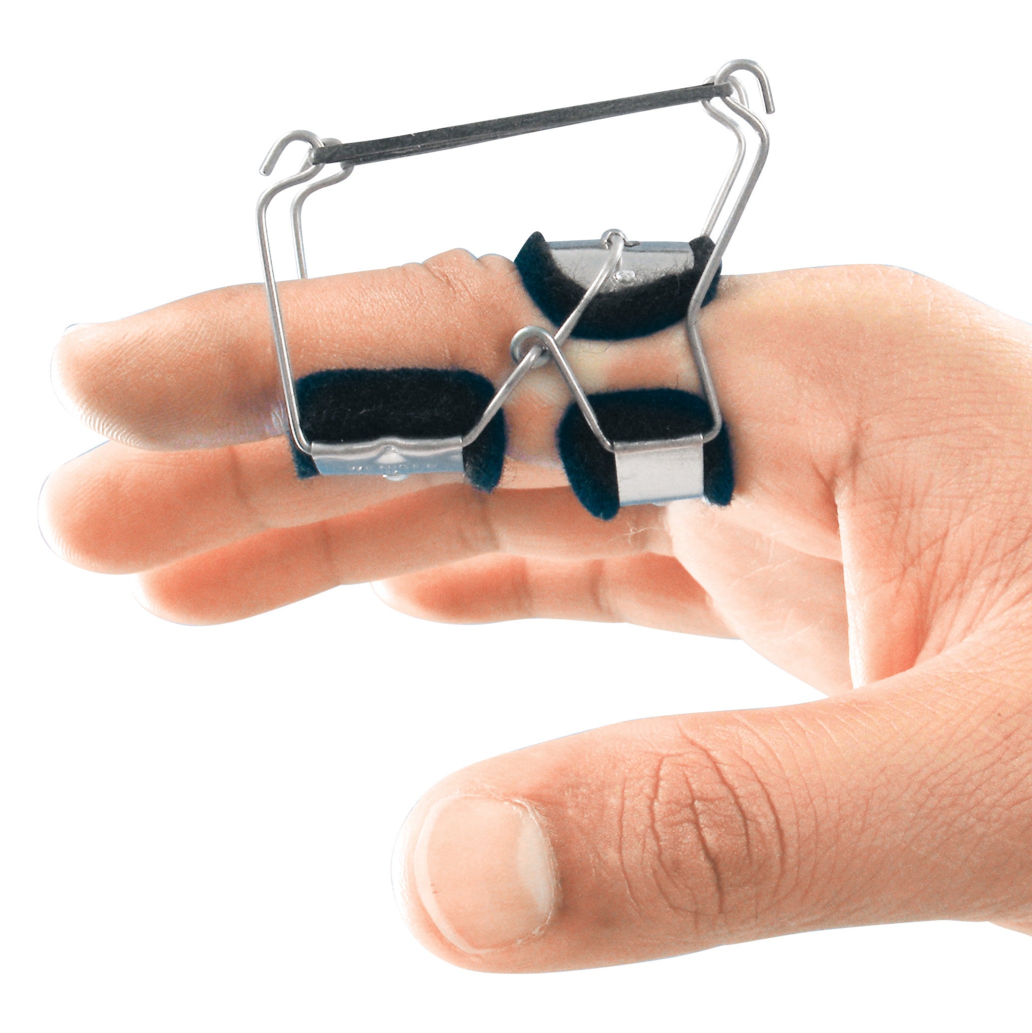A hand wearing a Bunnell Reverse Knuckle Bender, a metal and fabric device designed to assist in finger joint rehabilitation.