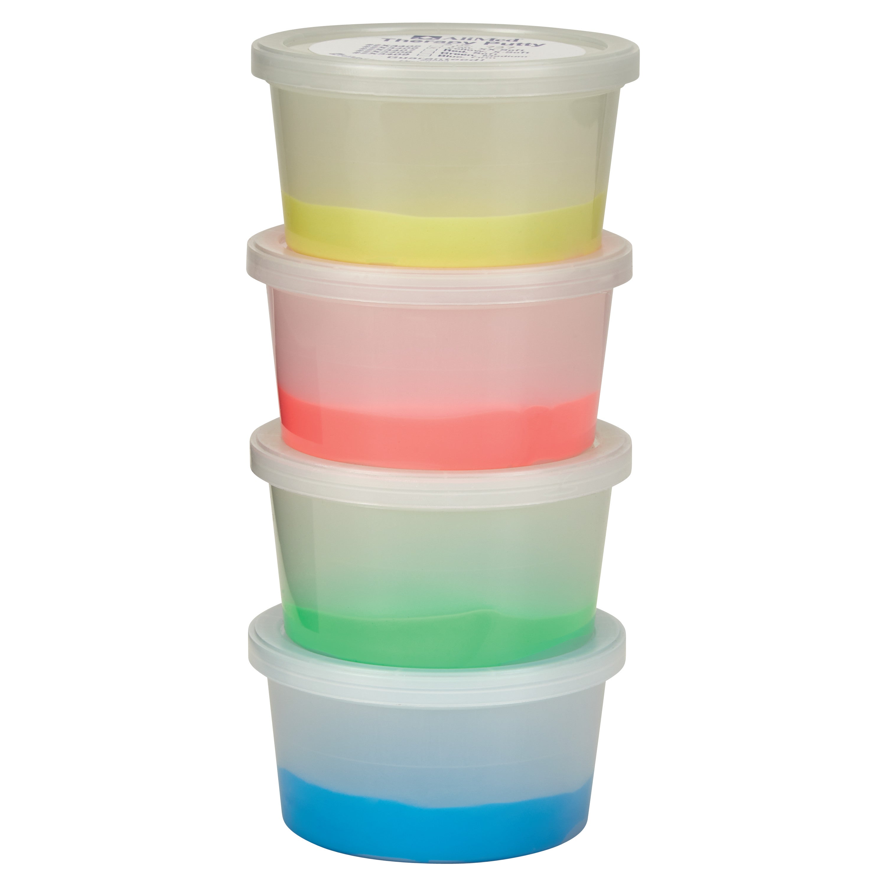 Four stacked containers of AliMed Color-Coded Therapy Putty Kit, featuring yellow, red, green, and blue putty in transparent tubs.