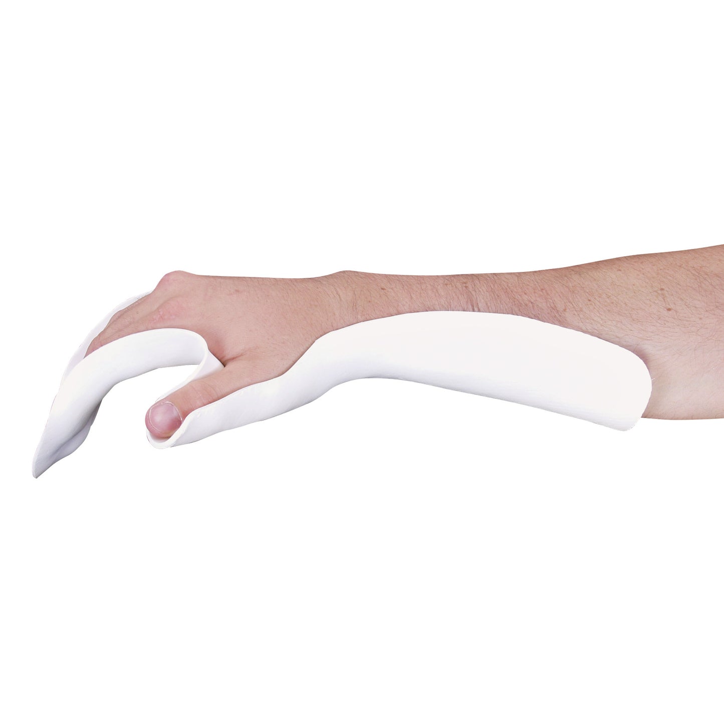 A forearm and hand wearing an AliMed Resting Pan Mitt Splint Blank, designed for support and immobilization.