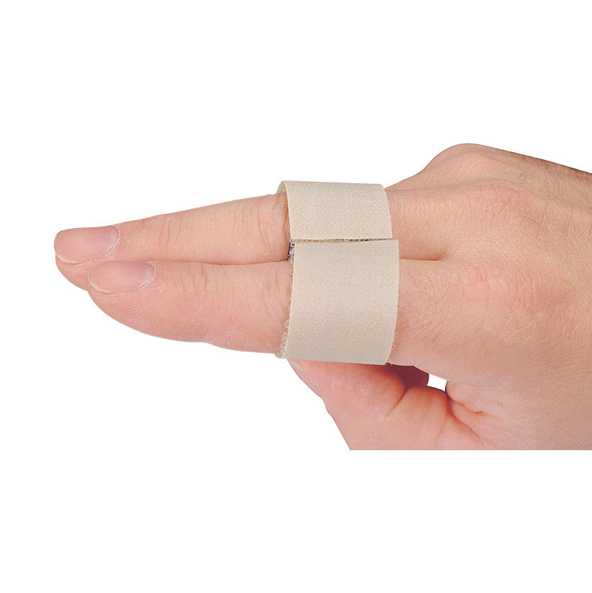 A hand with two fingers strapped together using an AliMed Buddy Strap. The strap is beige and wraps around both fingers.