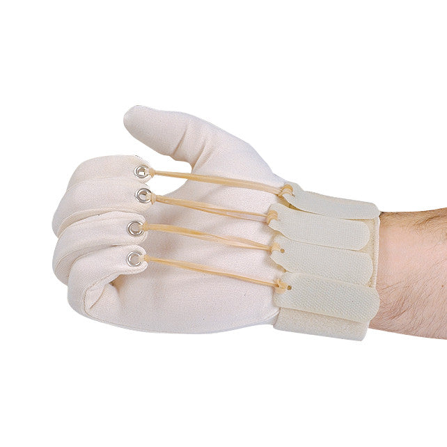 A hand wears a Deluxe Finger Flexion Glove with elastic bands attached to each finger, aiding in finger flexion exercises.
