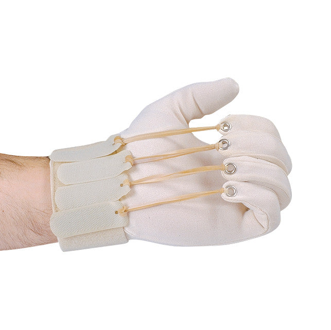 A hand wearing a Deluxe Finger Flexion Glove with attached elastic bands for finger mobility assistance.
