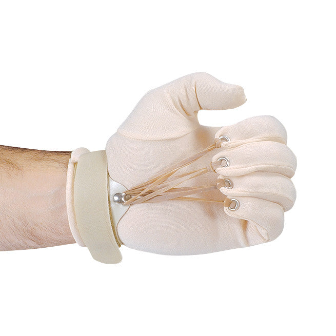 A hand wears a Standard Finger Flexion Glove with finger loops and a wrist strap, designed to aid finger movement and grip.