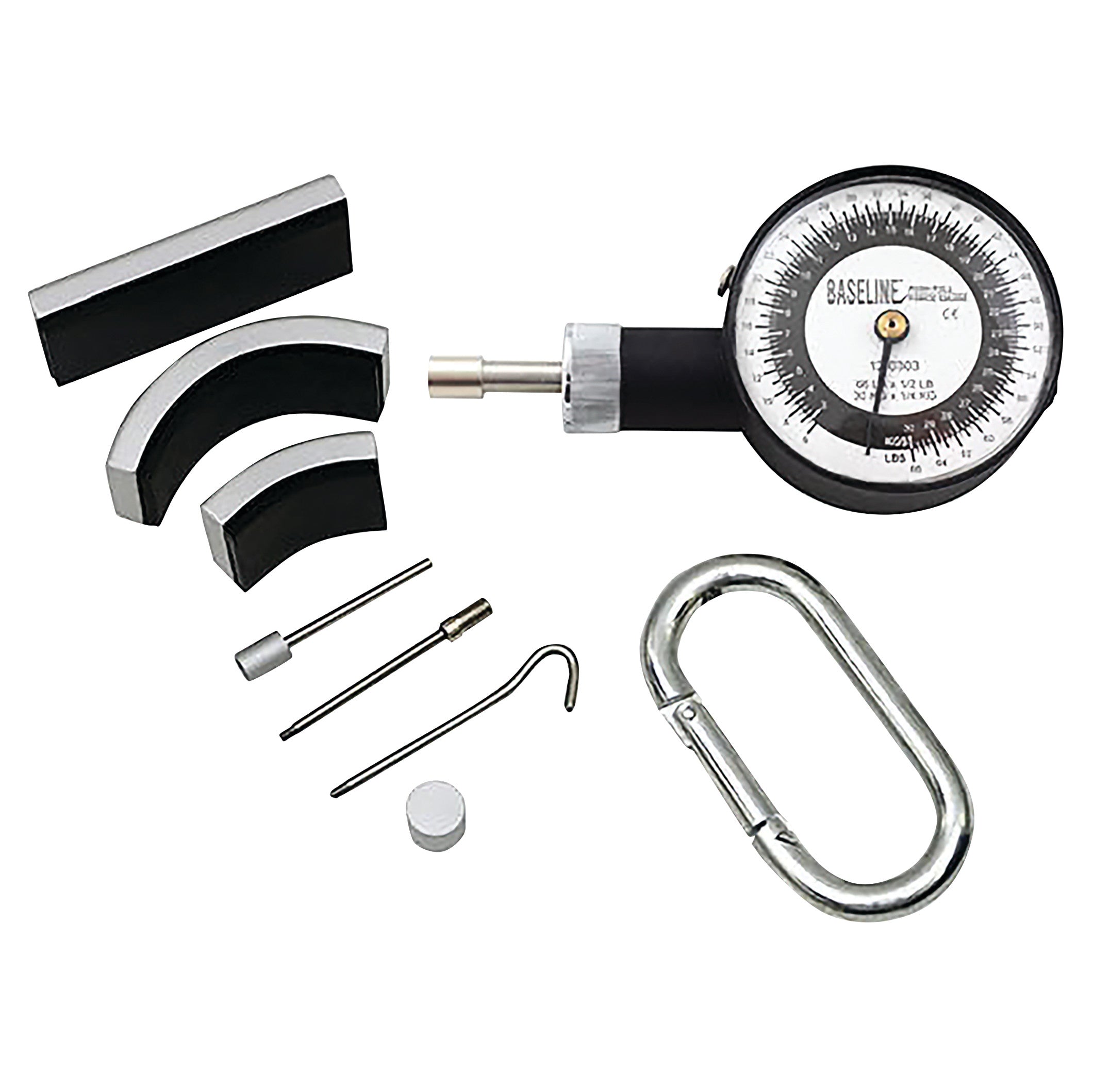 Baseline Mechanical Push/Pull Dynamometer with various attachments and a carabiner, used for measuring force.