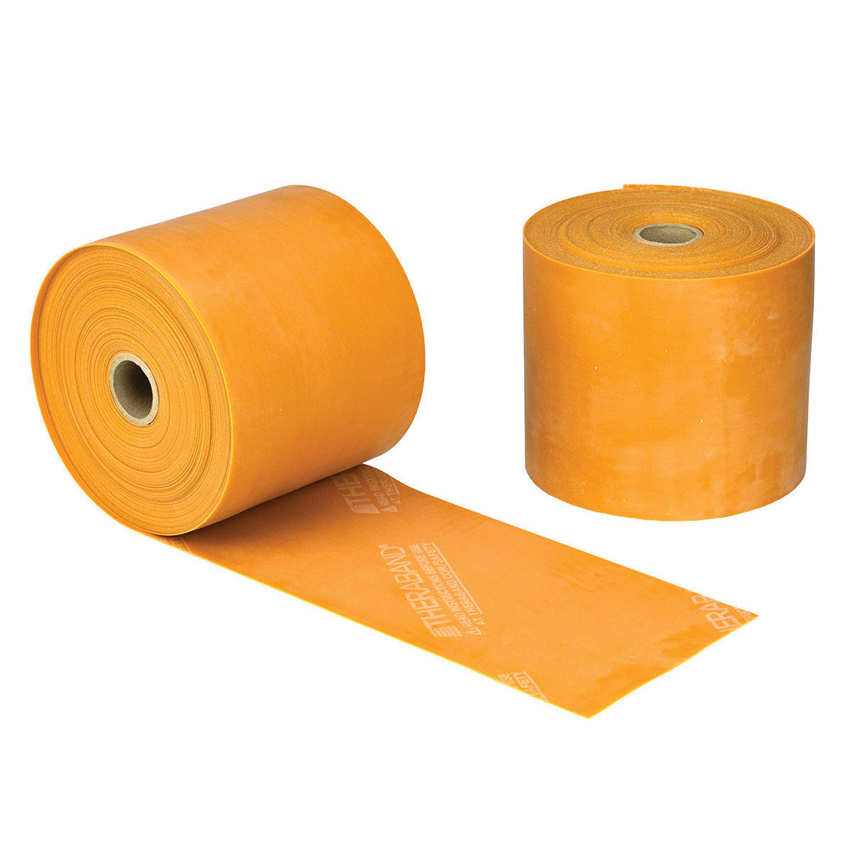 Two rolls of THERABAND Latex Resistive Exercise Band in orange, one partially unrolled, are shown against a white background.