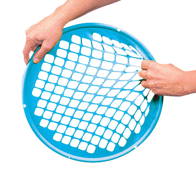 Hands stretch a blue Power-Web Exerciser with a latticed, circular design, used for hand and wrist strengthening exercises.