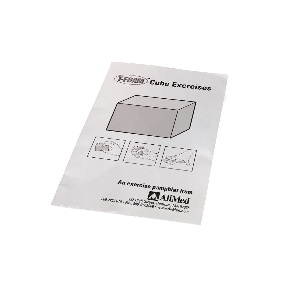 Exercise Booklet for AliMed T-Foam Visco Cubes showing diagrams for hand exercises, featuring a cube illustration on the cover.