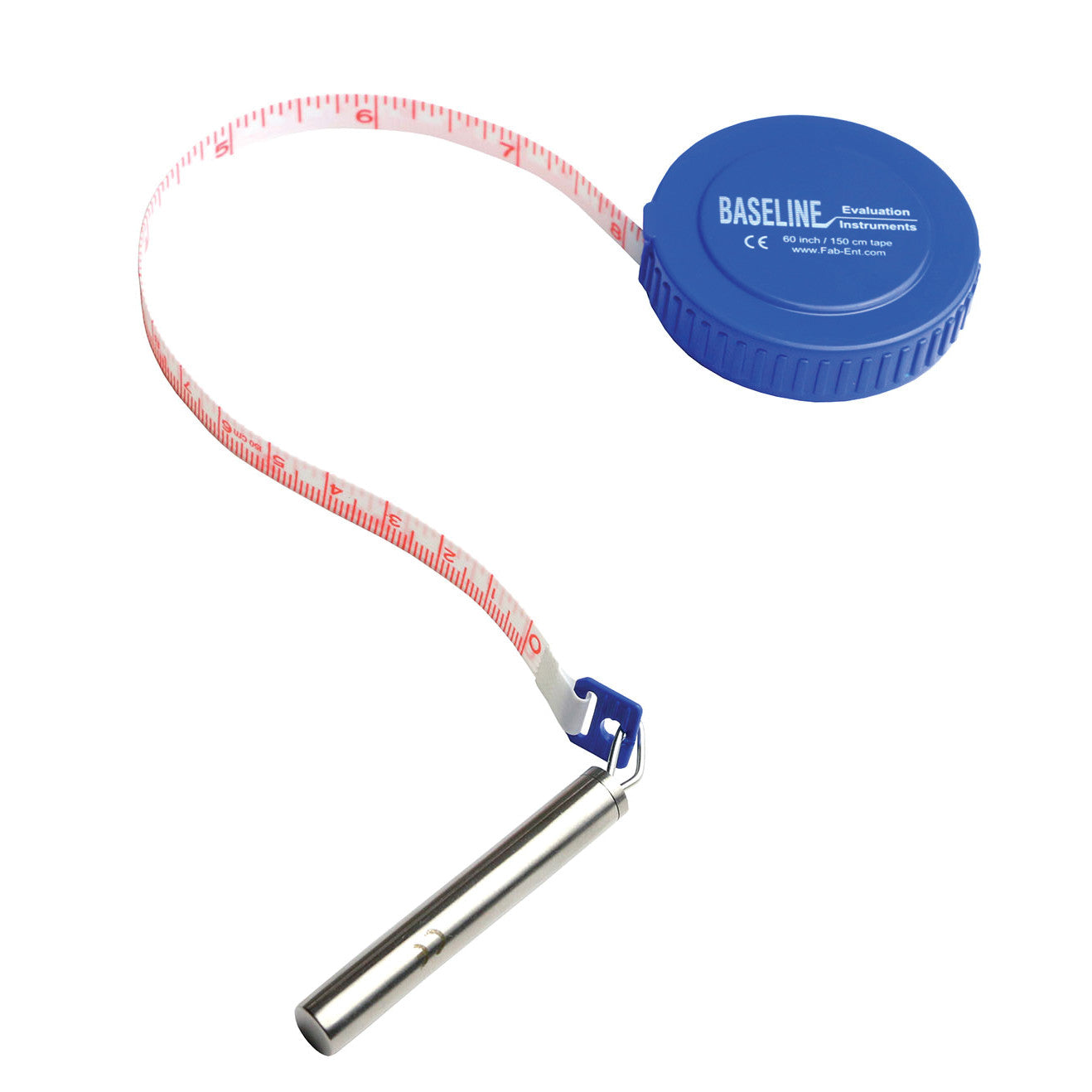 Baseline Gulick Anthropometric Tape with a blue case and metal handle, featuring a white measuring tape marked in red.