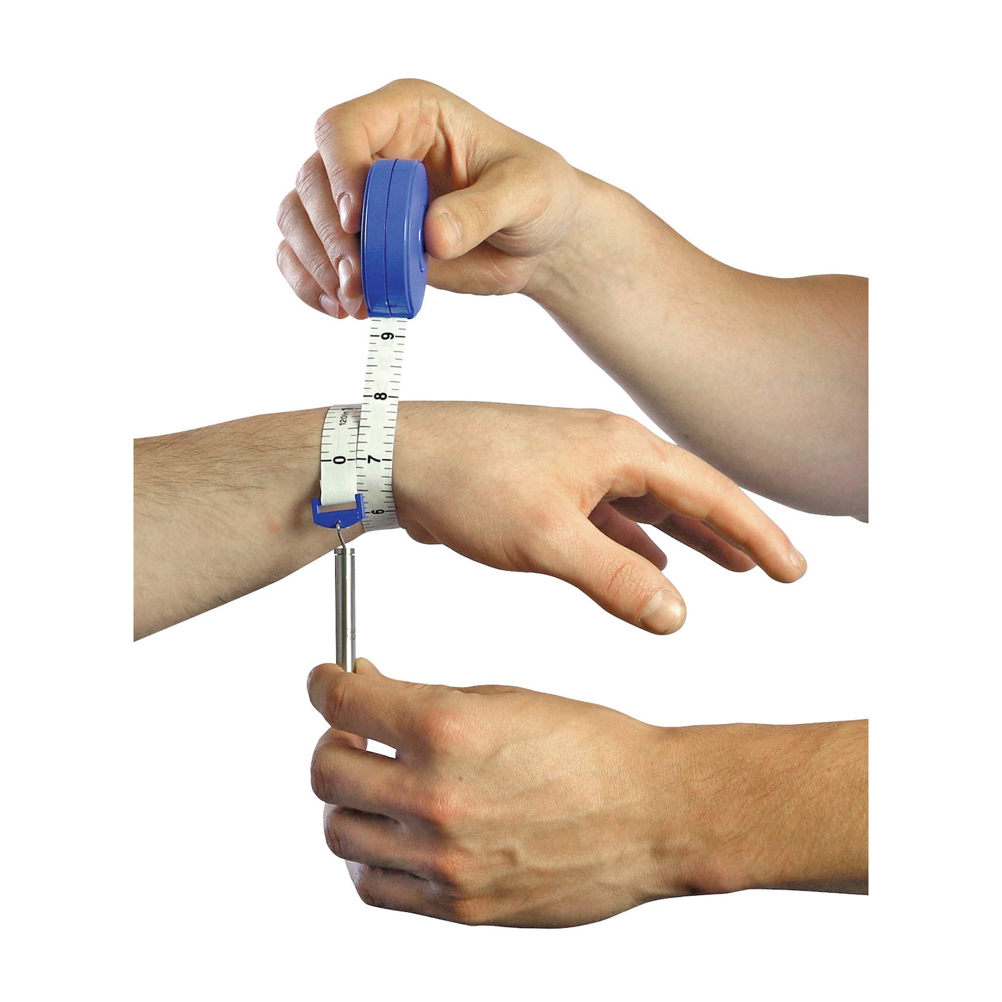 Hands using the Baseline Gulick Anthropometric Tape to measure wrist circumference.