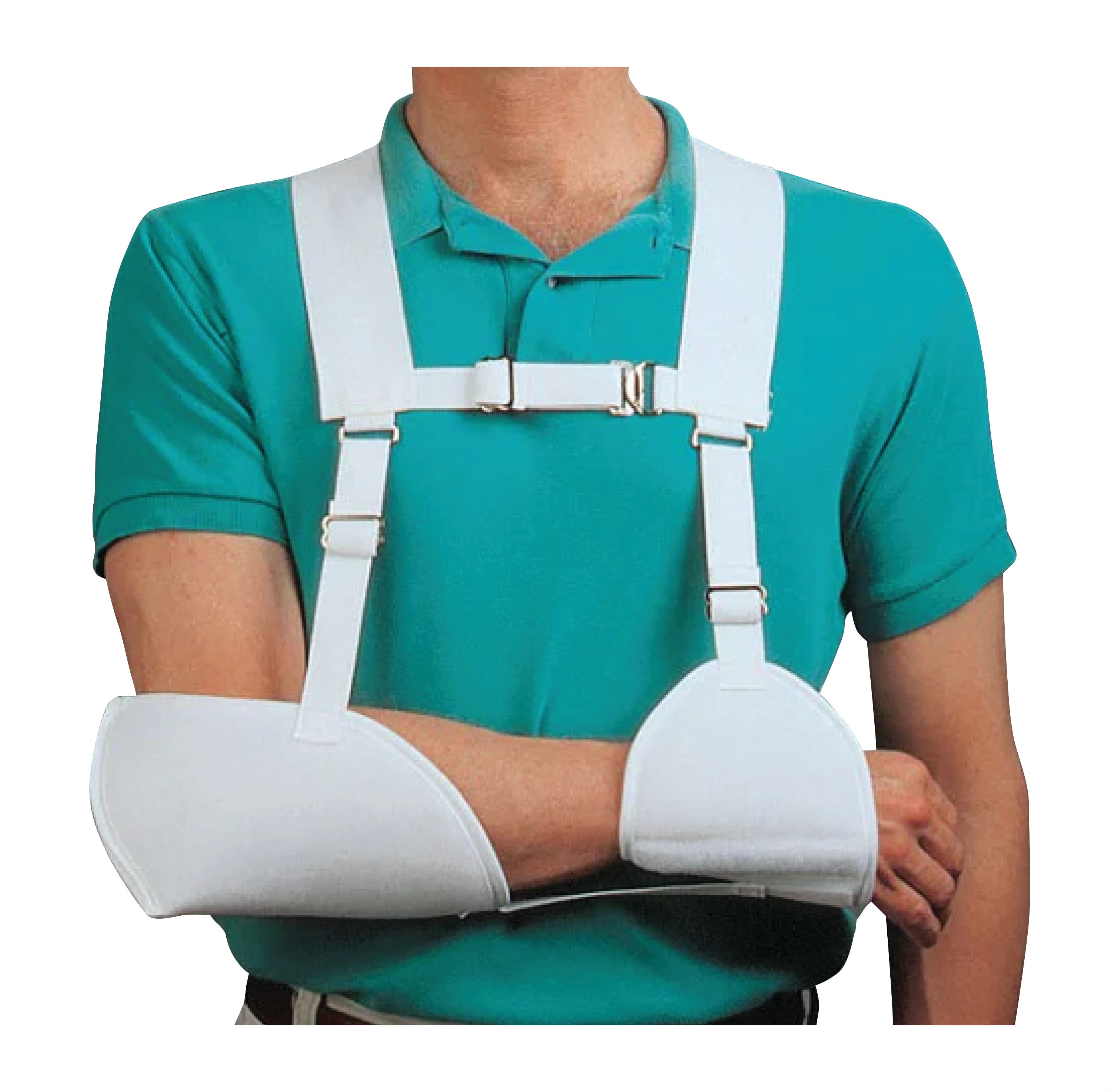 A person wears a Harris Hemi-Arm Sling over a turquoise shirt, supporting their arm and shoulder with white straps and pads.
