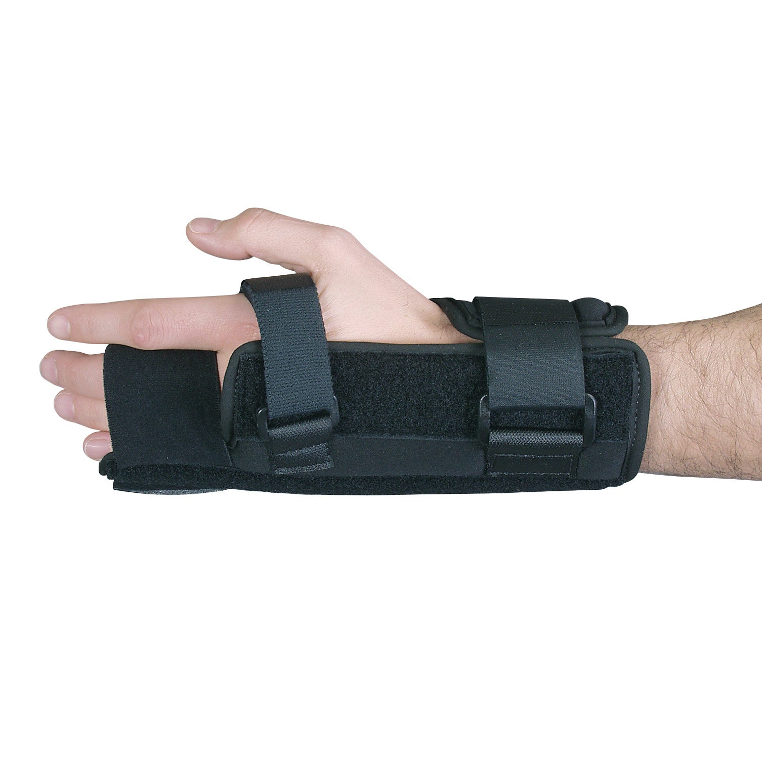 A hand wearing the AliMed FREEDOM Comfort Wrist Splint with MP Block, featuring black straps for support and stabilization.