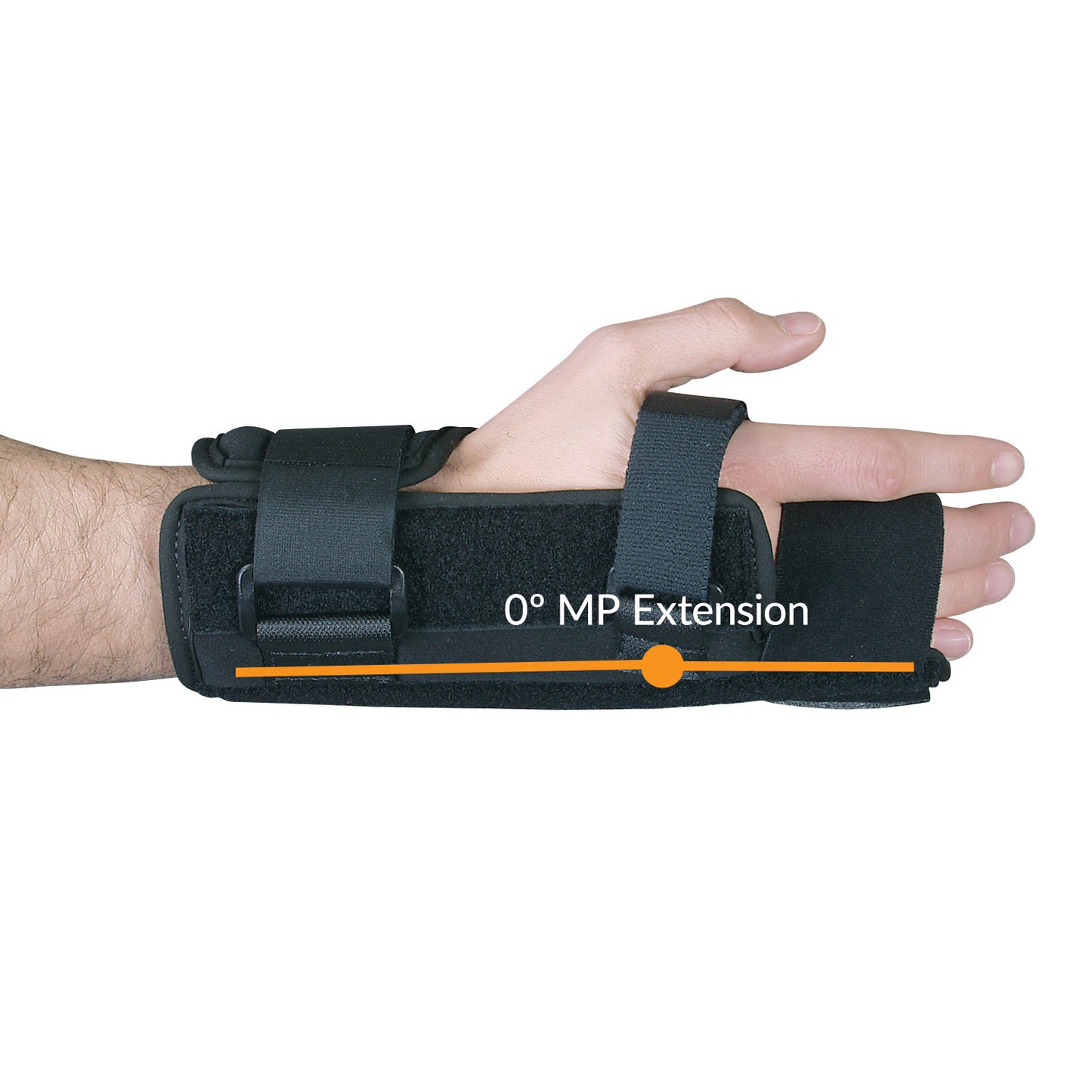 A hand wearing an AliMed FREEDOM Comfort Wrist Splint with MP Block, designed for 0� MP extension, secured by straps.