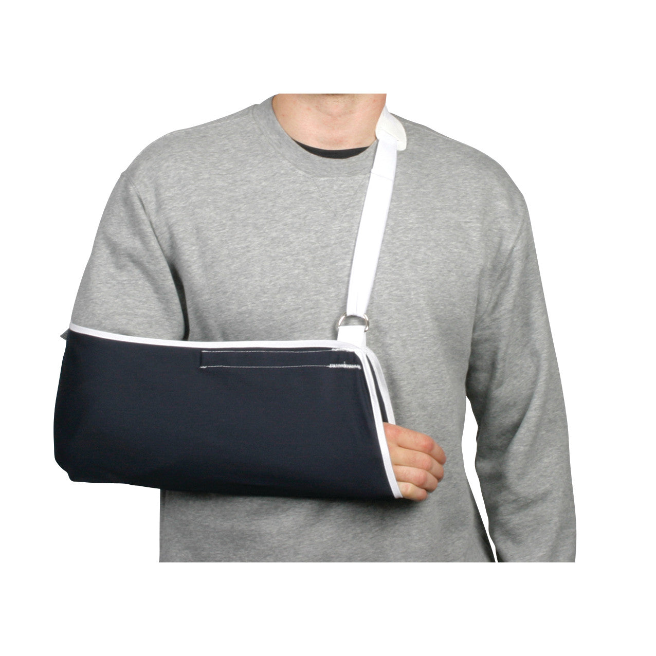 A person wearing a "Fits-All Sling" on their left arm, over a gray sweatshirt. The sling is black with a white border and strap.
