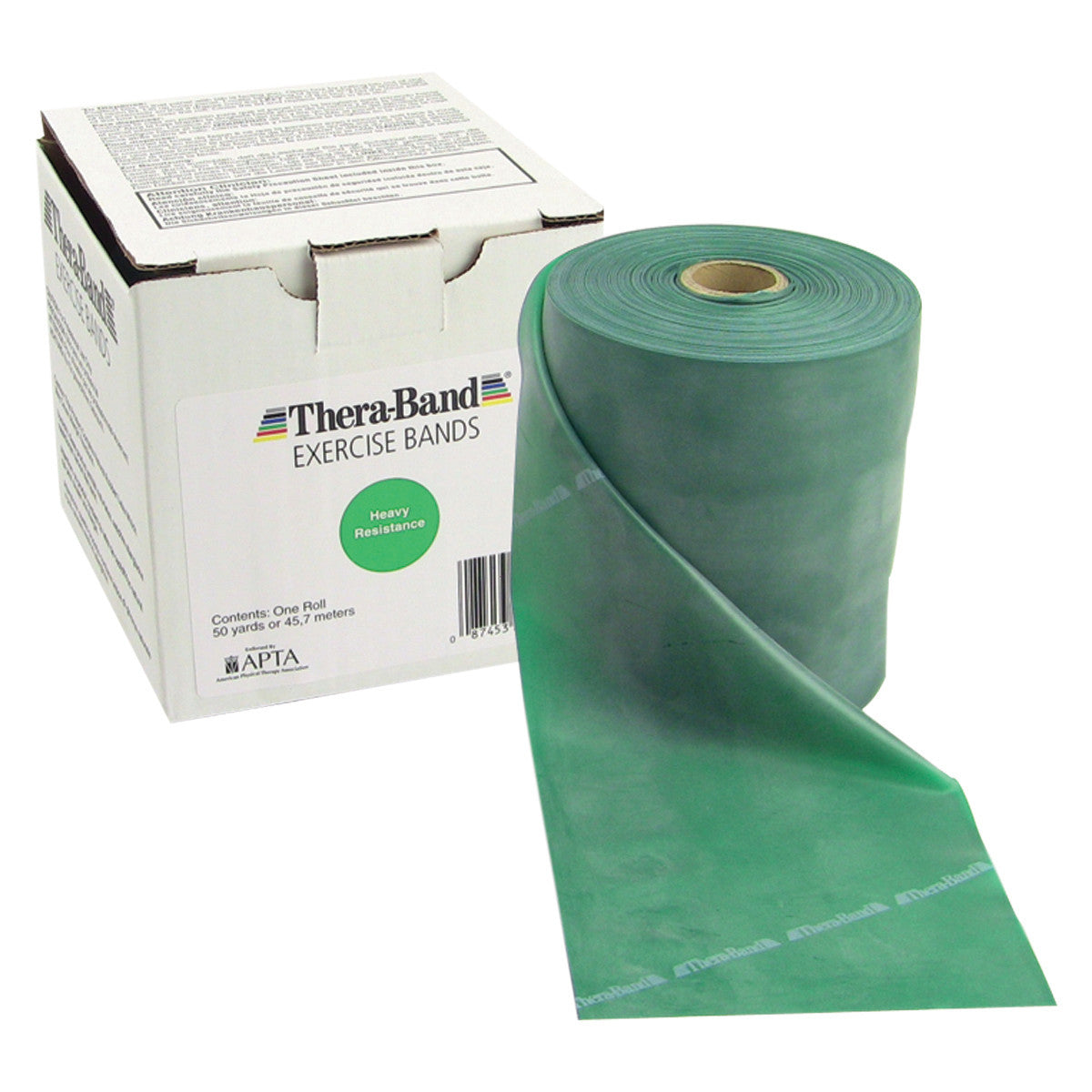A green THERABAND Latex Resistive Exercise Band is shown partially rolled out next to its packaging box.