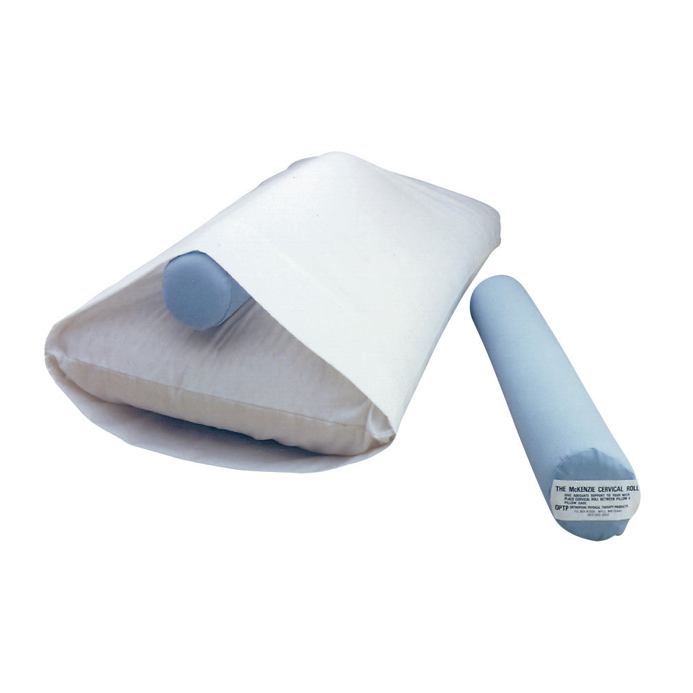 'The Original' Mckenzie Cervical Roll, a blue cylindrical neck support pillow, is shown inside a white rectangular pillow.