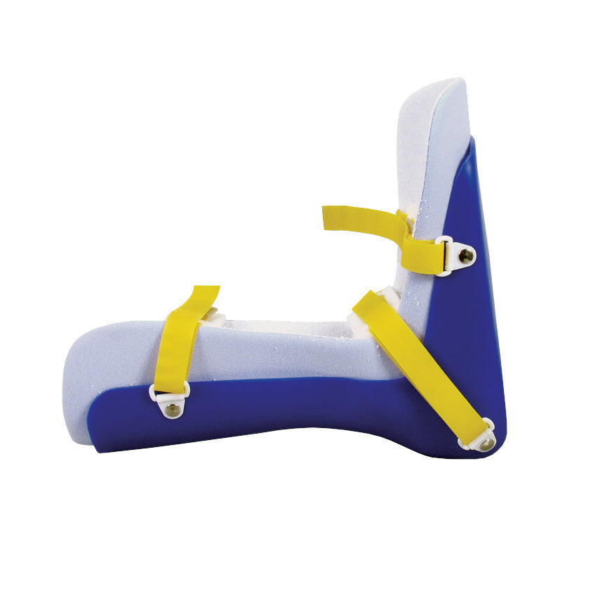 AliMed Original Plantar Fasciitis Night Splint in blue and white, features yellow adjustable straps for foot stabilization.