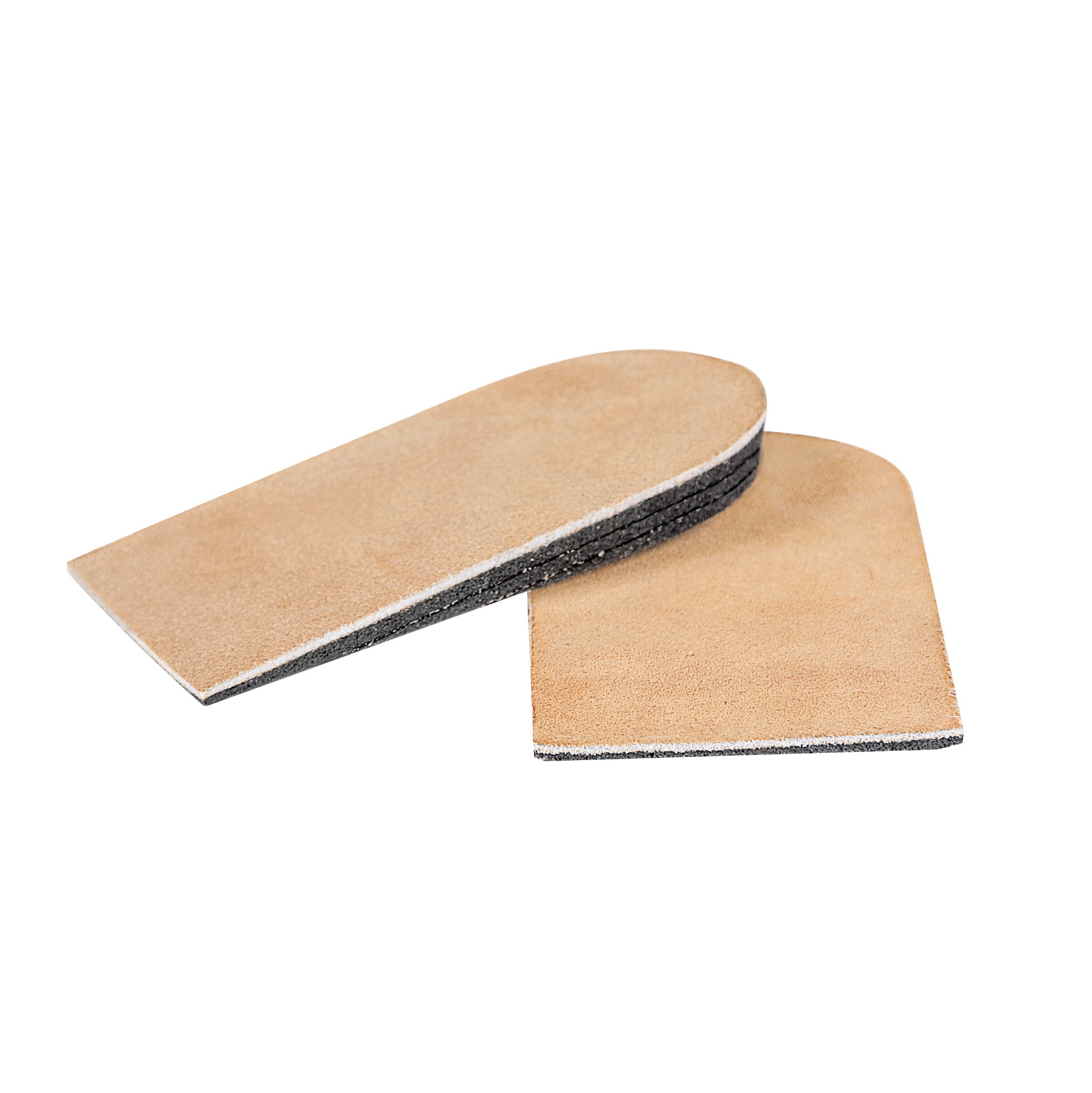 Two AliMed Adjustable Heel Lifts made of layered materials, featuring a beige top and a black base.