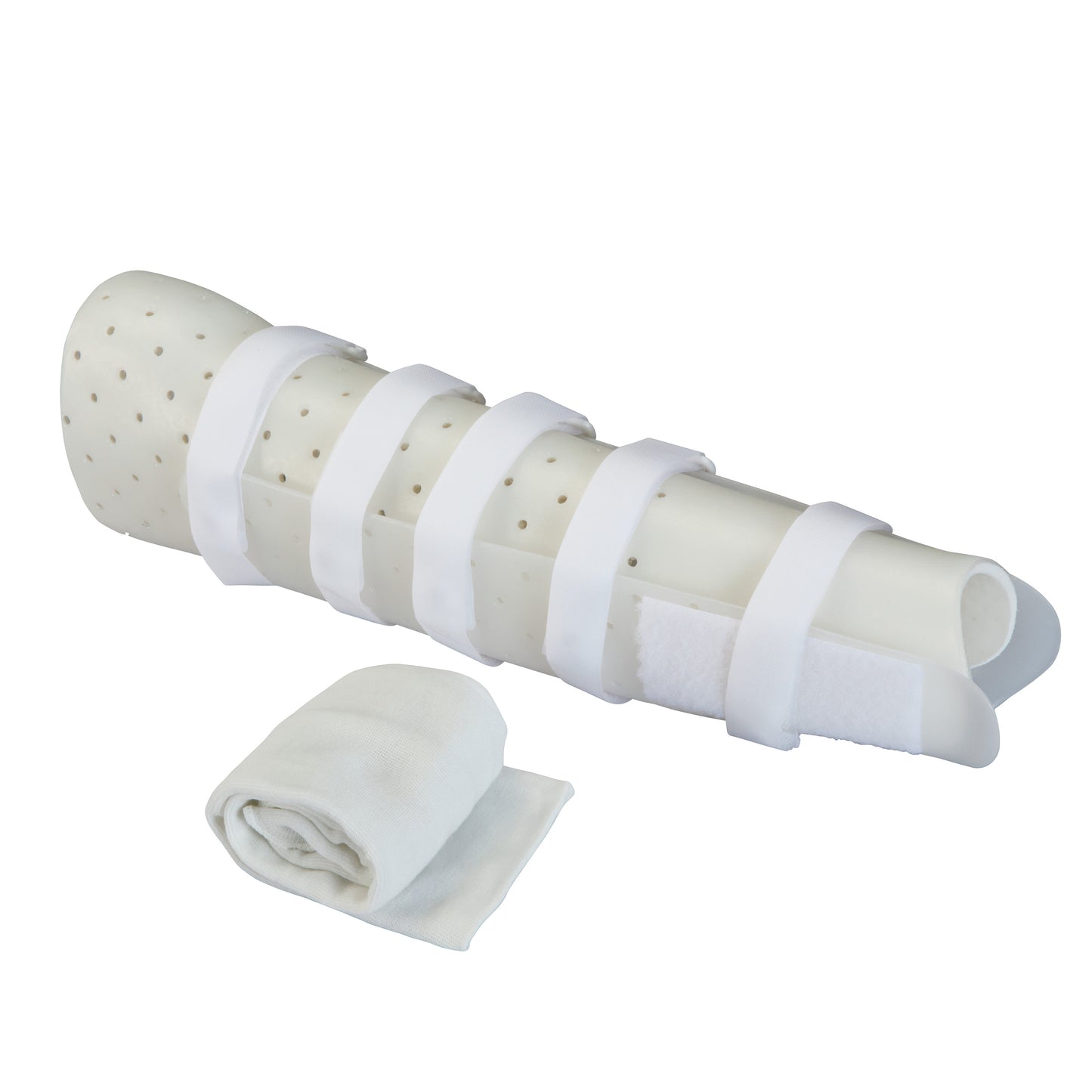 A Miami Tibial Fracture PTB Brace with white straps and perforated design, alongside a rolled white padded liner.