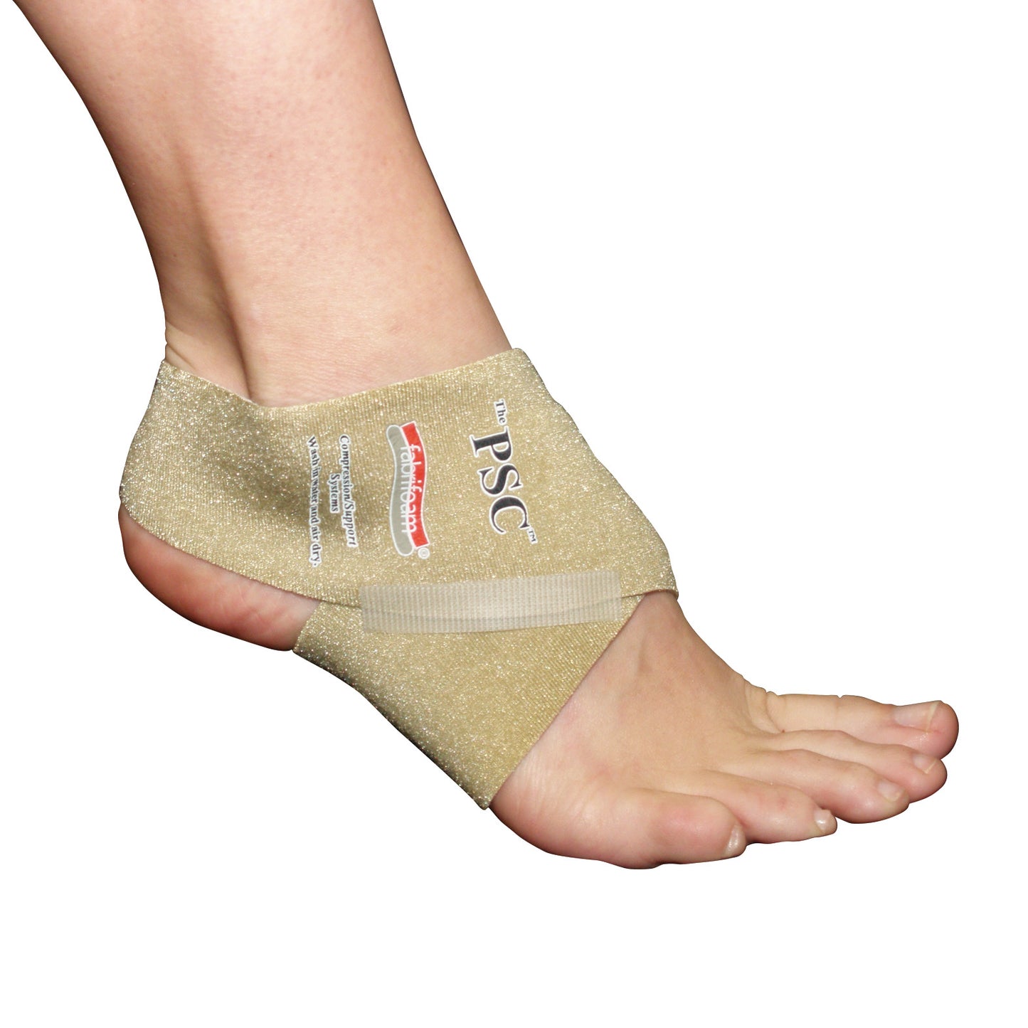 A foot wearing a beige Pronation/Spring Control (PSC) support band, designed for arch and heel support, with visible branding.