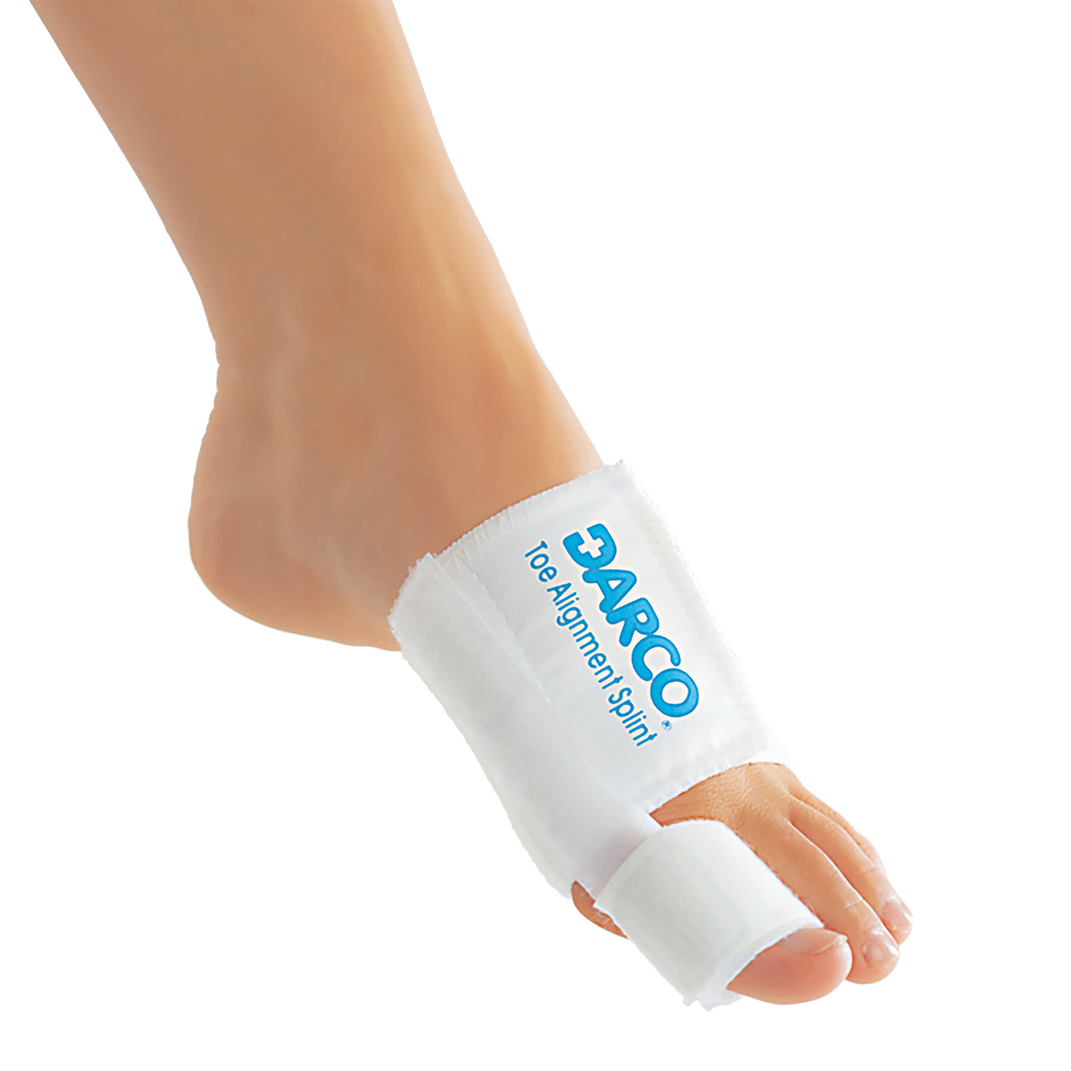 A foot wearing a DARCO Toe Alignment Splint, designed to correct toe positioning, with white straps securing the big toe.