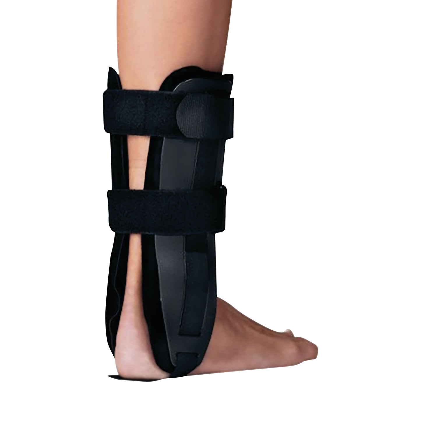 A leg wearing a FLOAM Ankle Stirrup Brace, featuring black straps and padding for stabilization and support.