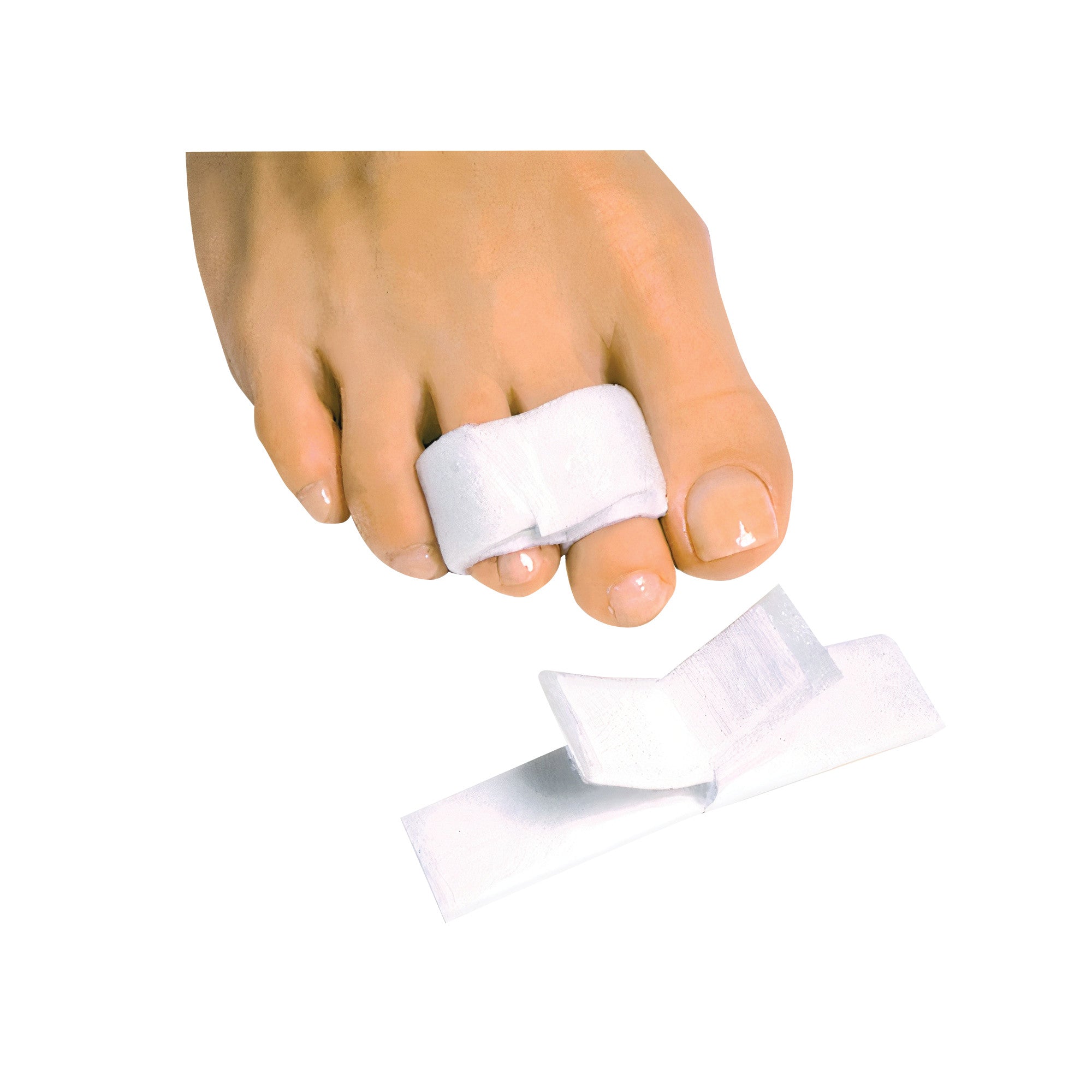 A foot with a PediFix Toe Trainers Digit Wrap around the second and third toes; another wrap is lying nearby.