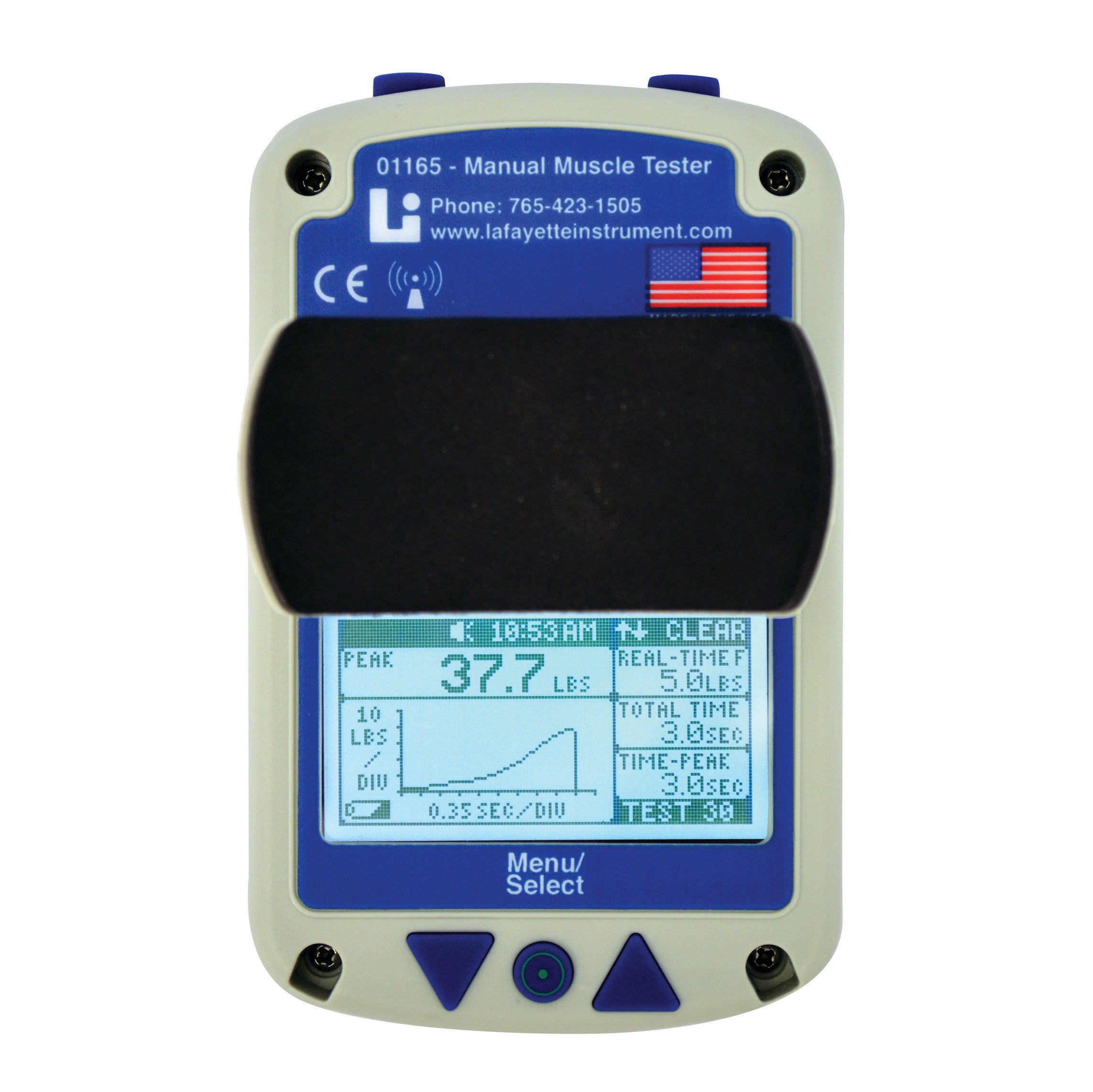 The Lafayette Manual Muscle Test System displays a digital screen with measurement data, including a peak value of 37.7 lbs.