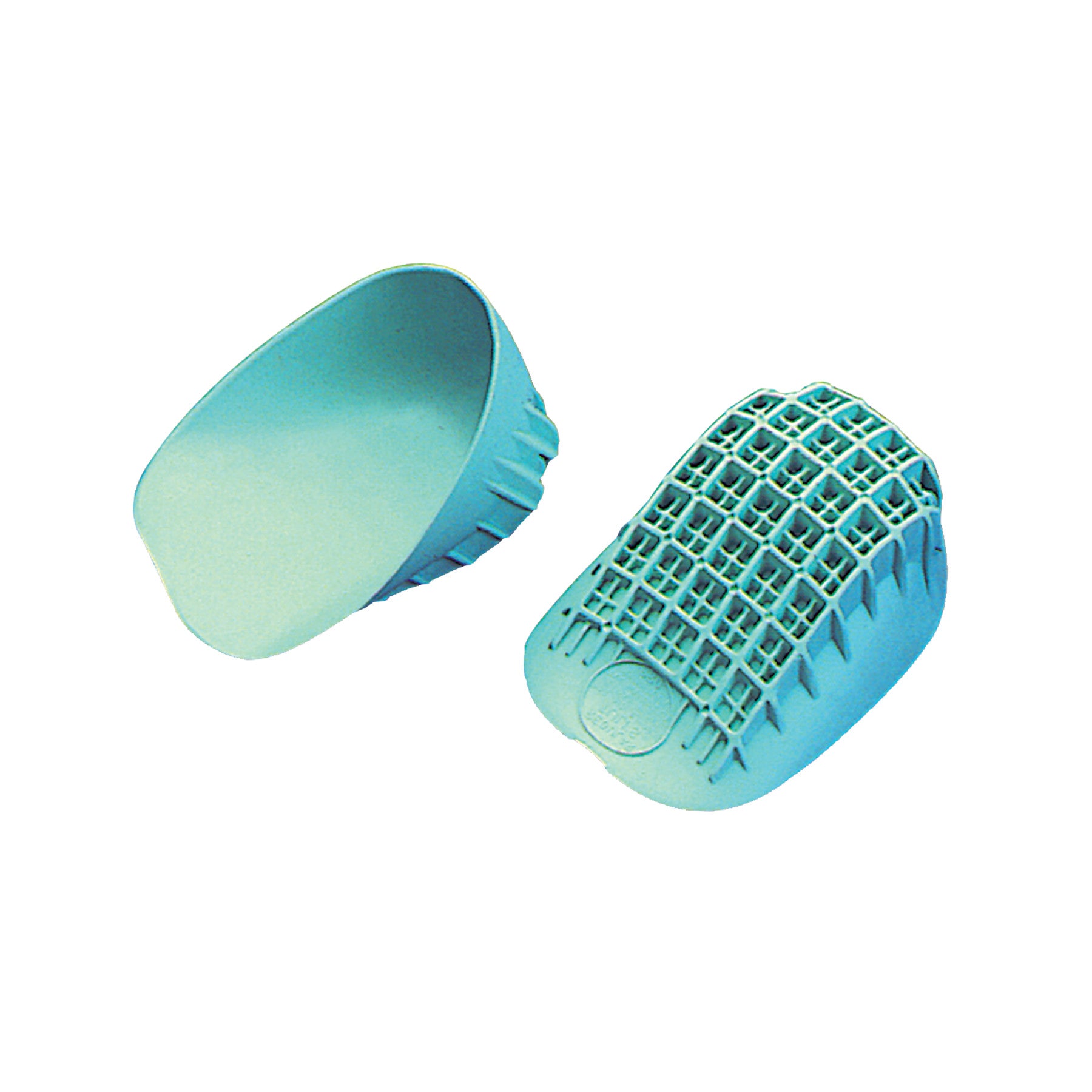 Tuli's Heavy-Duty Heel Cup shown in blue, with one cup displaying its grid-patterned cushioning design.