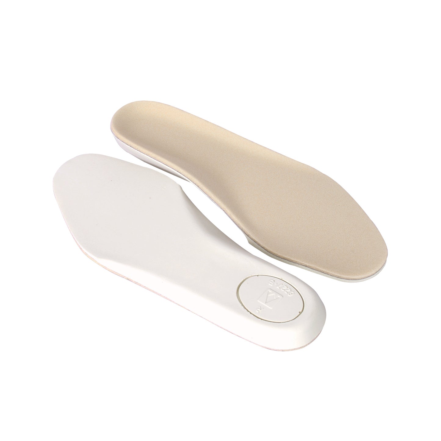 AliMed Duo/Laminate D-Soles, featuring a pair of beige and white orthotic insoles, designed for arch support and comfort.
