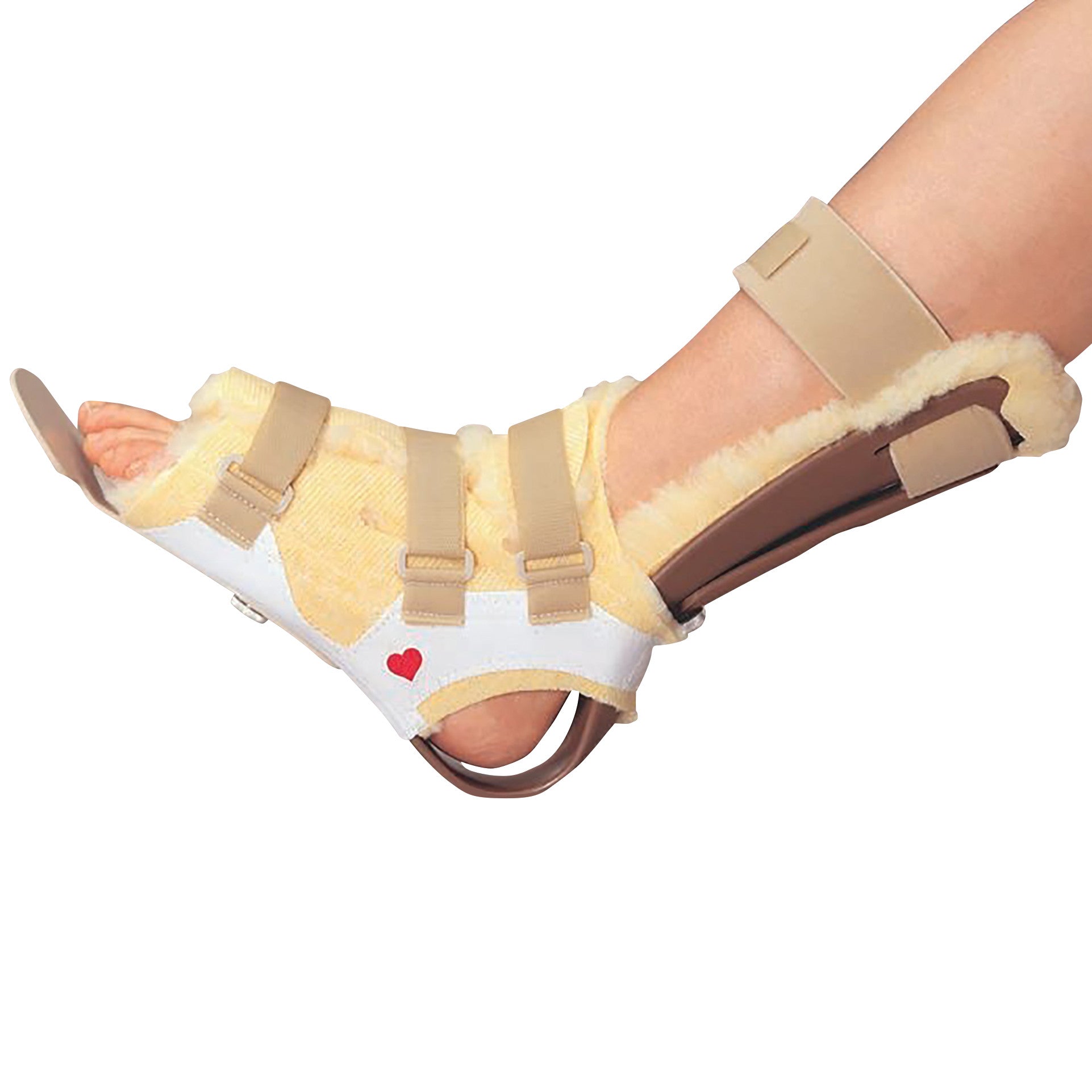A foot wearing the RCAI Original Multi Podus System splint. It features straps, soft padding, and a small red heart design.