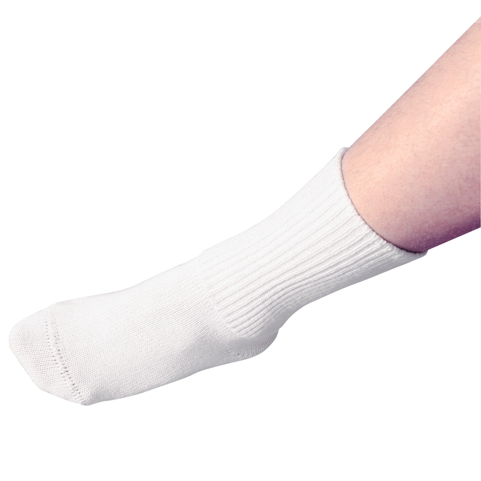 A foot wearing a white PediFix Seamless Everyday Sock, showing its ribbed design and seamless toe, against a white background.