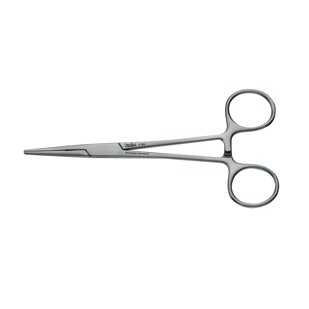 A stainless steel Kelly Clamp with a scissor-like handle, featuring a straight, serrated jaw for gripping.