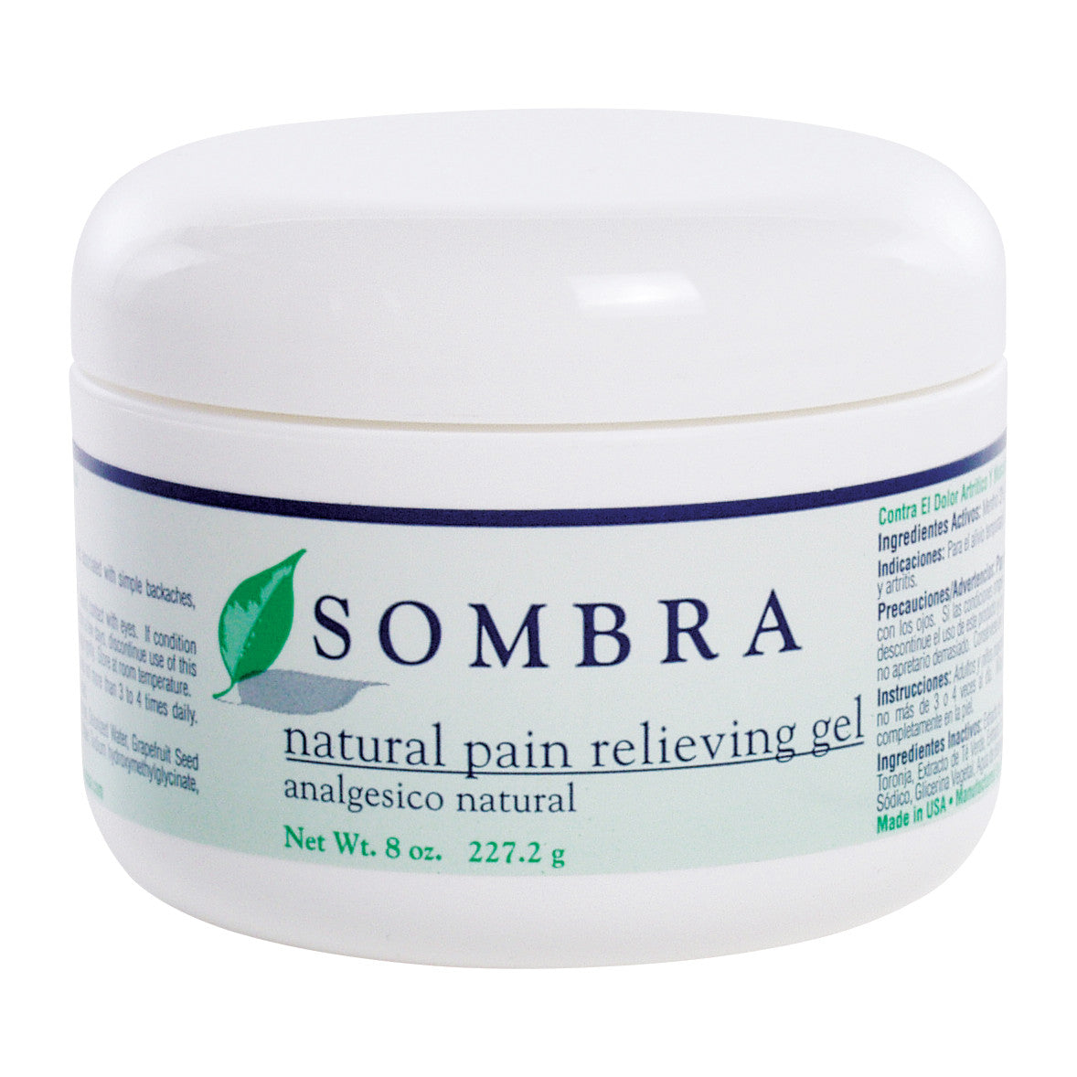 A jar of SOMBRA Warm Therapy Natural Pain Relieving Gel, 8 oz (227.2 g), with a white lid and green leaf logo.